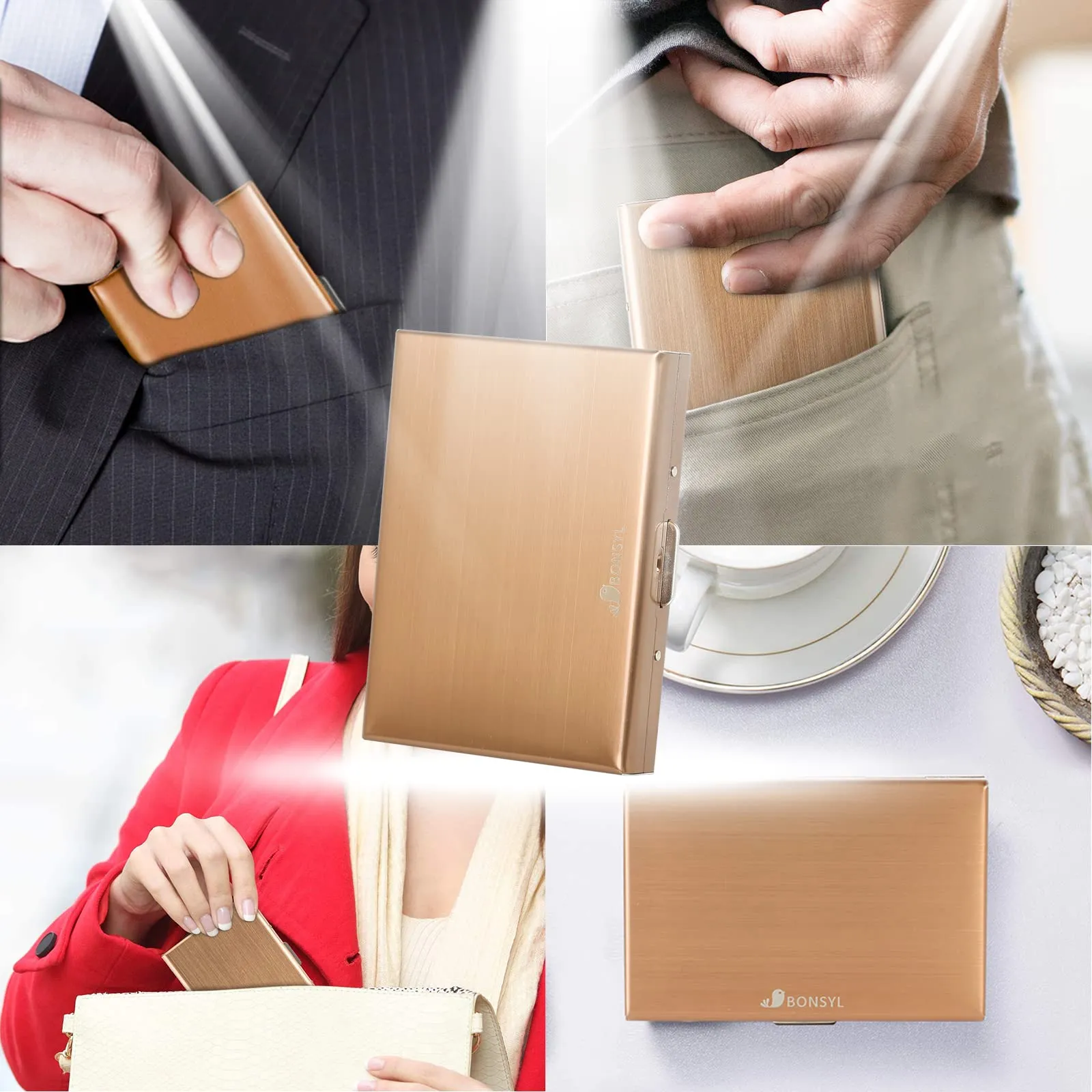 BONSYL Porta Carte di Credito in Metallo con Blocco RFID, Portafoglio Ultra Sottile con 8 Fessure, Oro Rosa - immagine 7