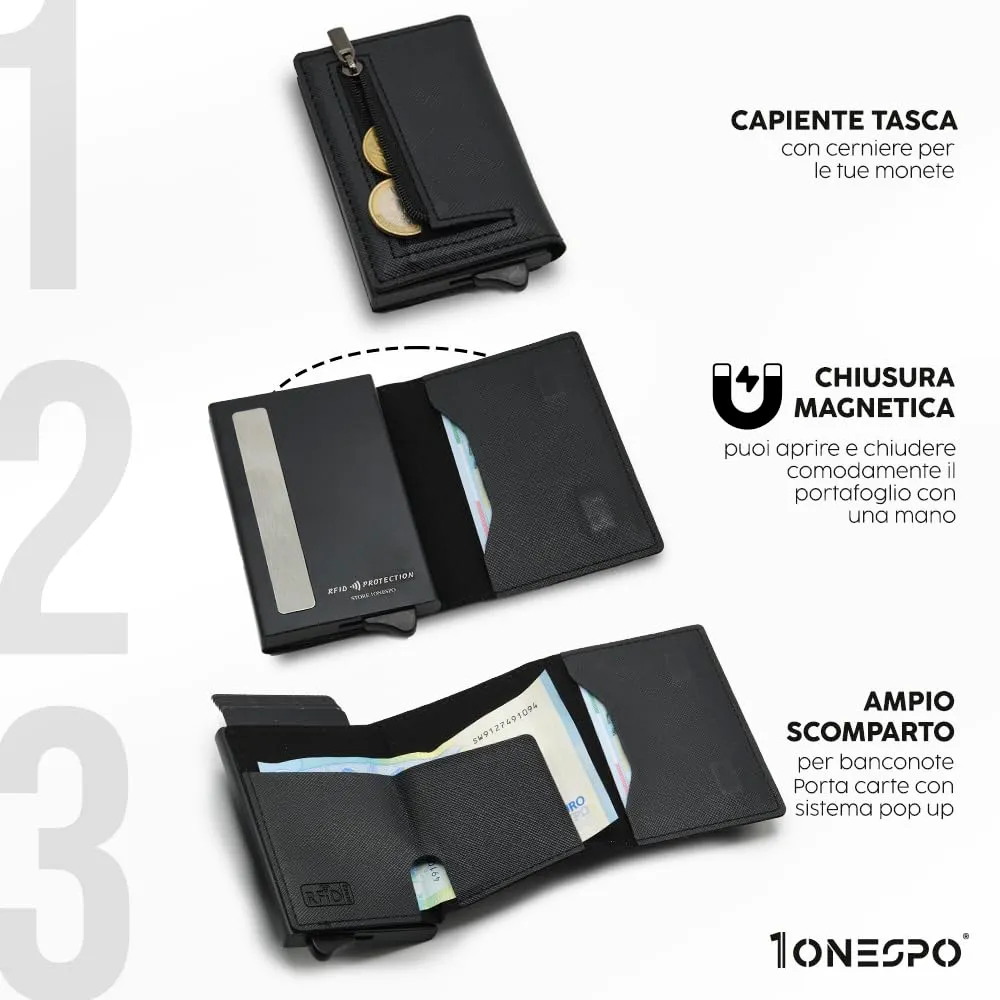 1ONESPO Magnetic Portafoglio Uomo con Protezione RFID, Nero Saffiano - immagine 3