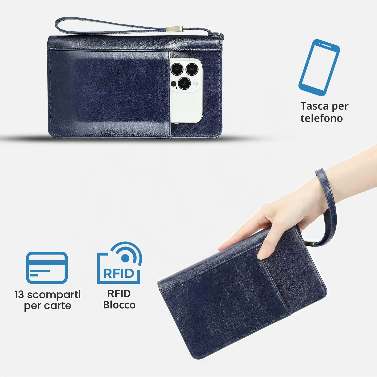 CONTACT'S FAMILY Pochette da viaggio in vera pelle per uomo con cinturino, blocco RFID, marrone - immagine 6