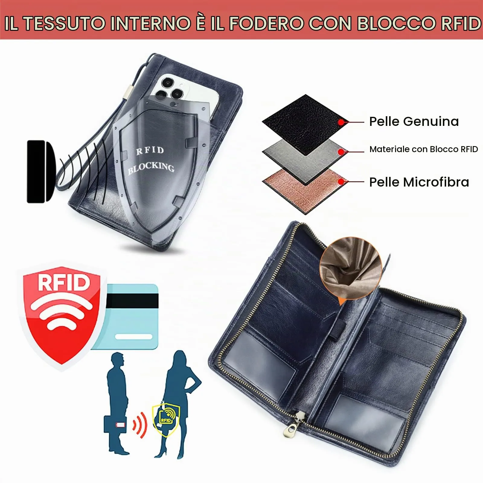 CONTACT'S FAMILY Pochette da viaggio in vera pelle per uomo con cinturino, blocco RFID, marrone - immagine 7