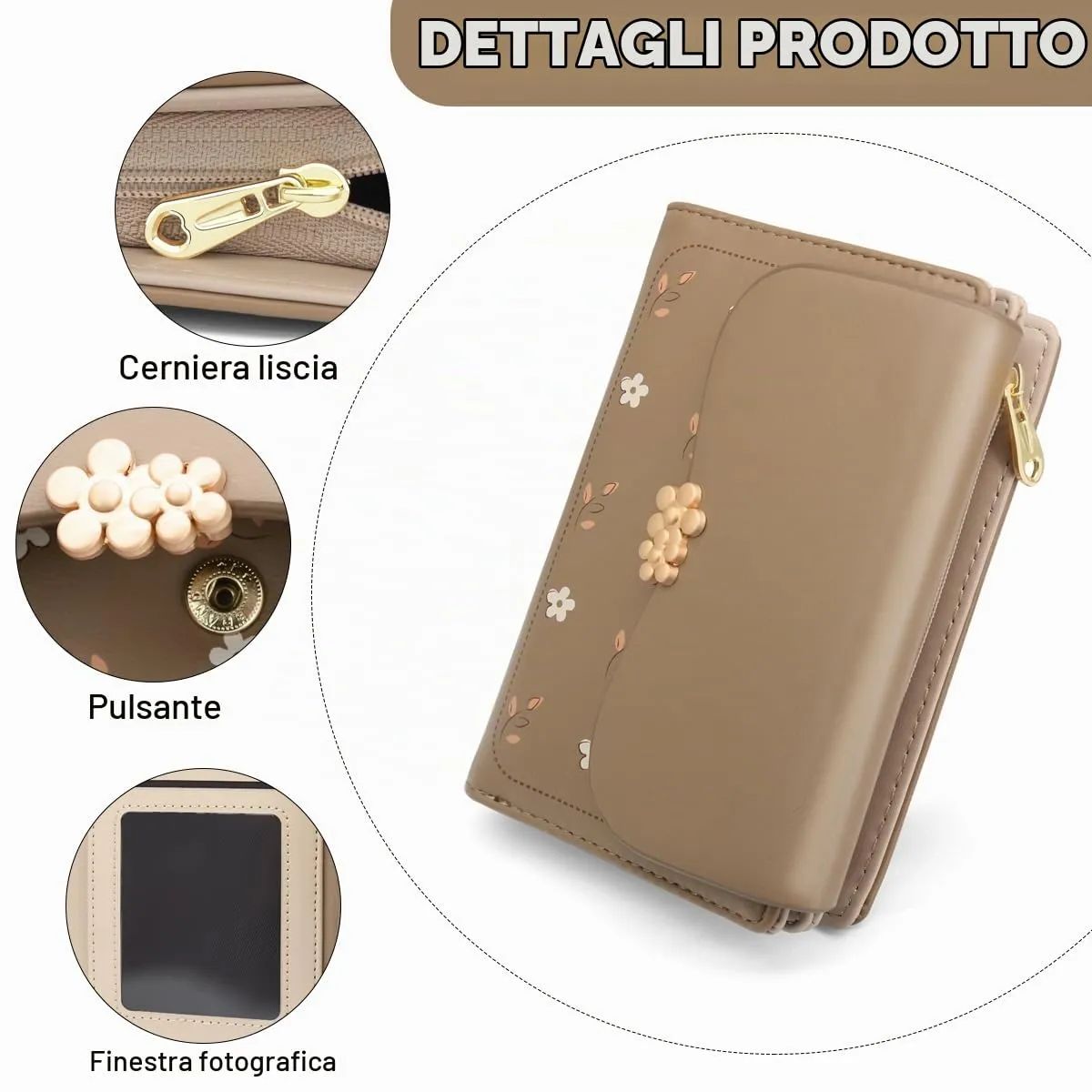 REETEE Portafoglio Donna in Pelle PU Slim, Formato Corto con Cerniera e 10 Slot Carte, Marrone - immagine 3