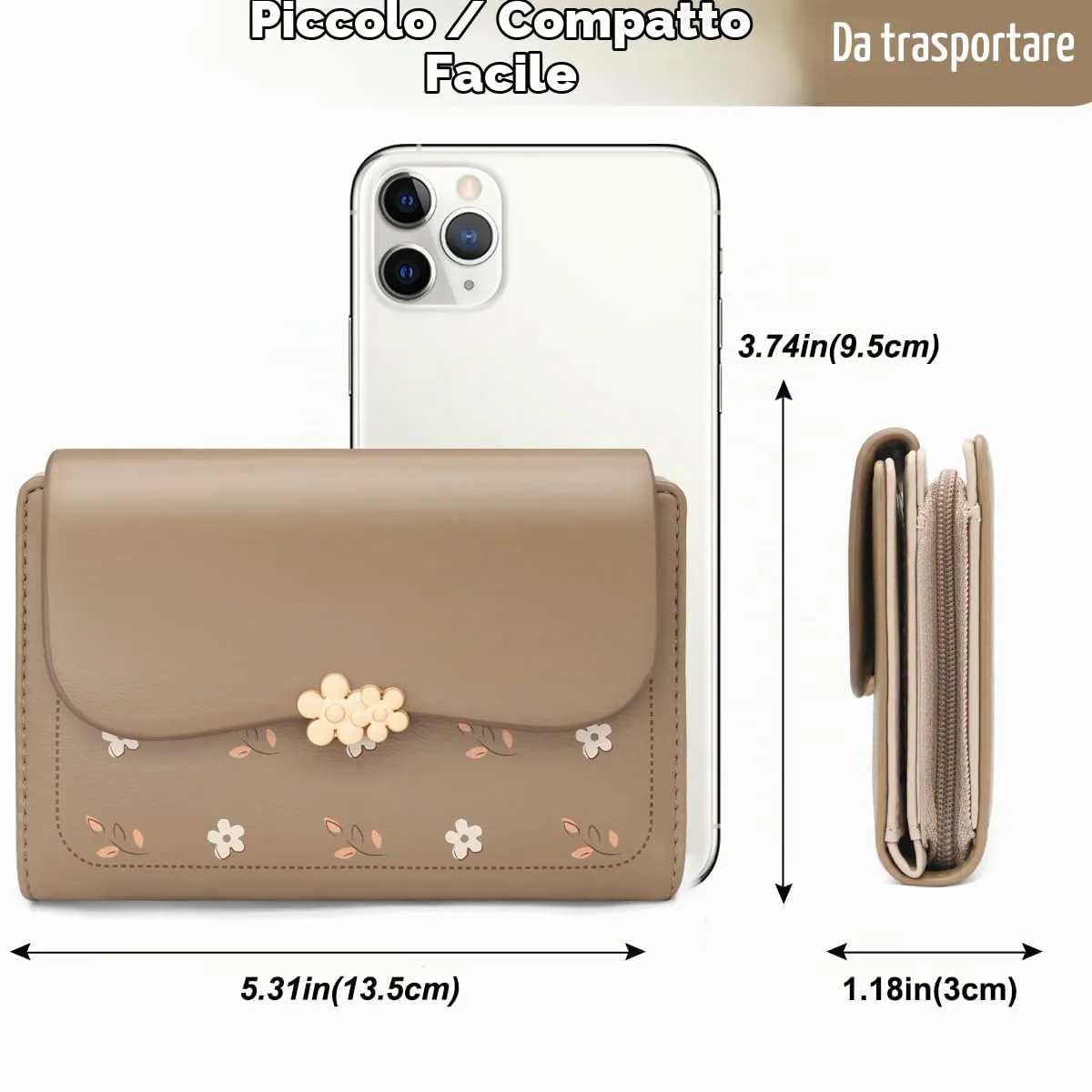 REETEE Portafoglio Donna in Pelle PU Slim, Formato Corto con Cerniera e 10 Slot Carte, Marrone - immagine 4
