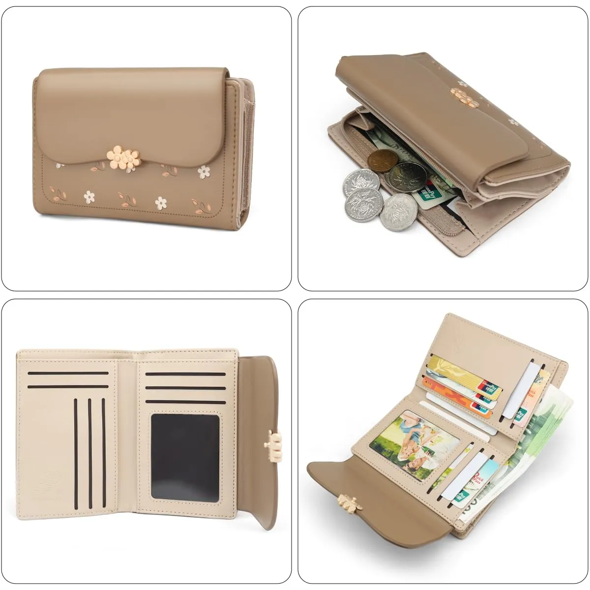REETEE Portafoglio Donna in Pelle PU Slim, Formato Corto con Cerniera e 10 Slot Carte, Marrone - immagine 5