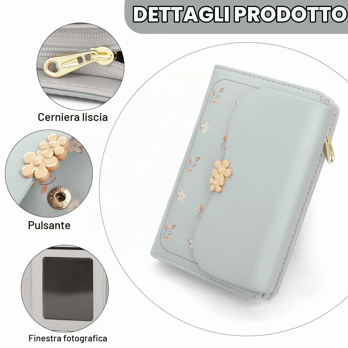 REETEE Portafoglio Donna in Pelle PU Slim Formato Corto con Cerniera e 10 Porta Carte, Blu - immagine 3