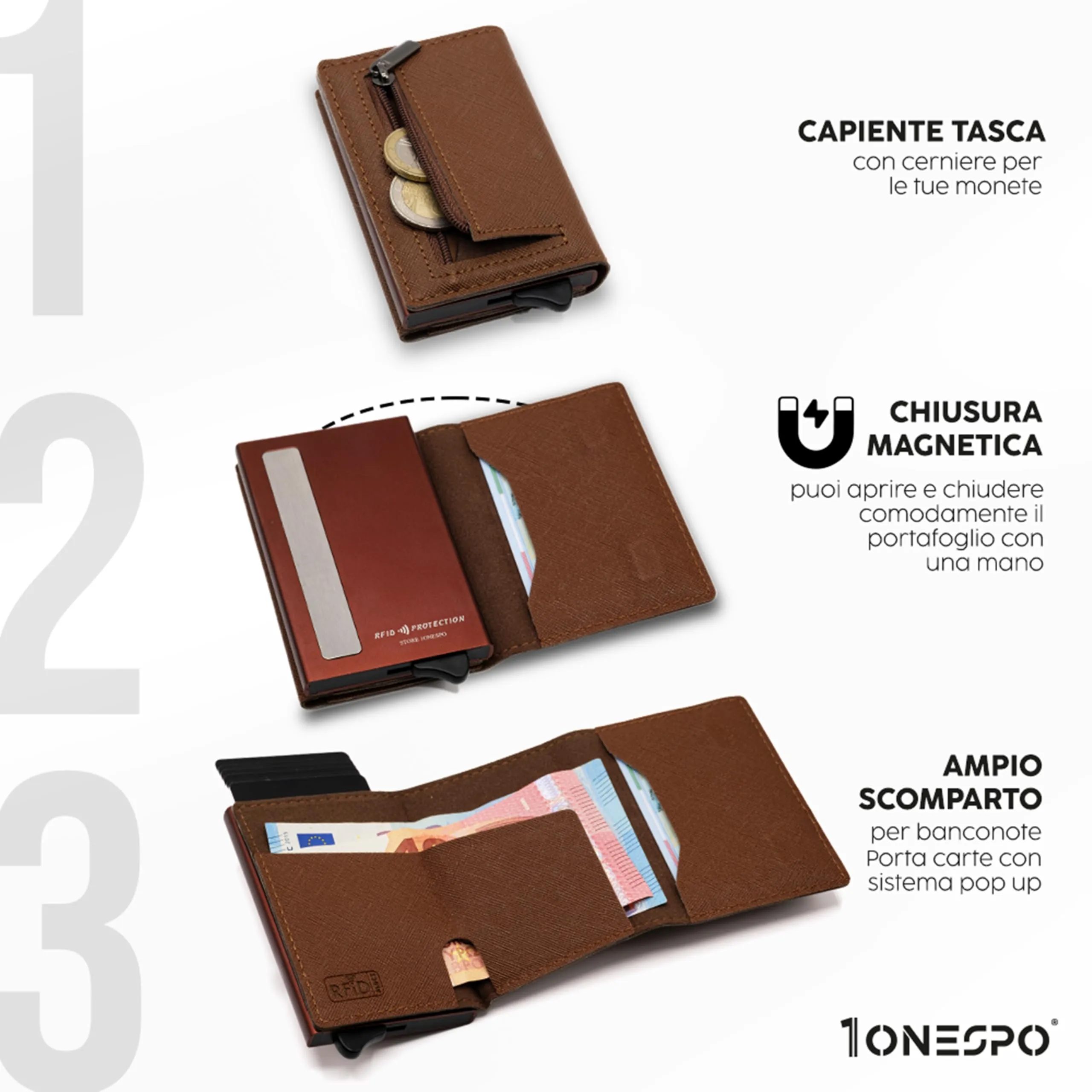 1ONESPO Portafoglio Uomo in Vera Pelle Saffiano Marrone, Porta Carte di Credito con Protezione RFID e Portamonete - immagine 3