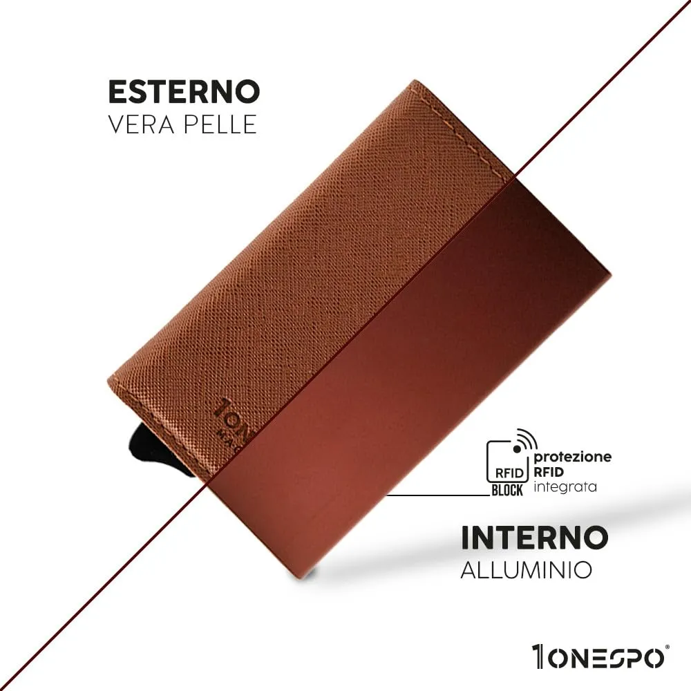 1ONESPO Portafoglio Uomo in Vera Pelle Saffiano Marrone, Porta Carte di Credito con Protezione RFID e Portamonete - immagine 4