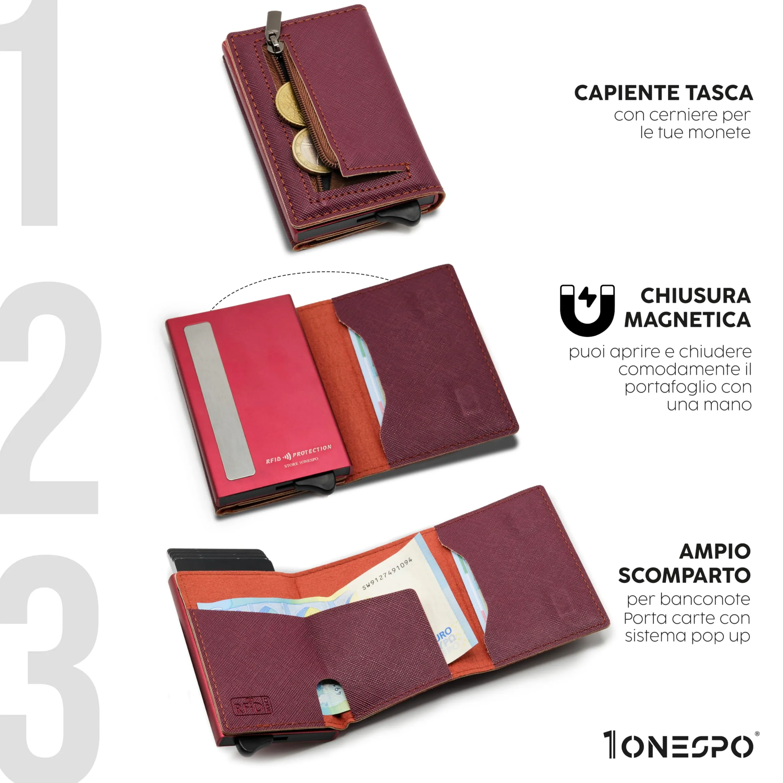 1ONESPO Portafoglio Donna in Pelle Saffiano con Protezione RFID e Porta Carte Magnetico, Bordeaux - immagine 3