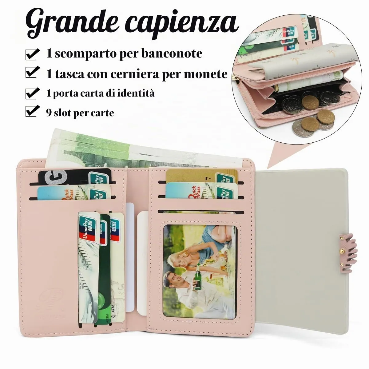 REETEE Portafoglio Donna in Pelle PU Slim Formato Corto con Cerniera e 10 Porta Carte - Z-Rosa - immagine 3