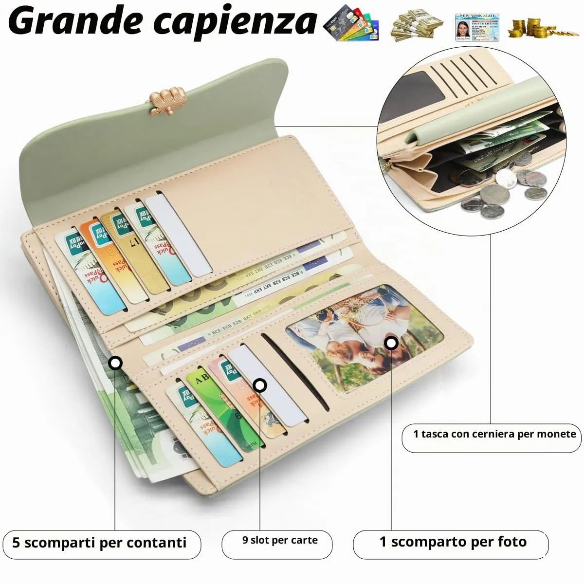 REETEE Portafoglio Donna in Pelle PU Formato Lungo con Cerniera e 10 Porta Carte (L-verde) - immagine 2