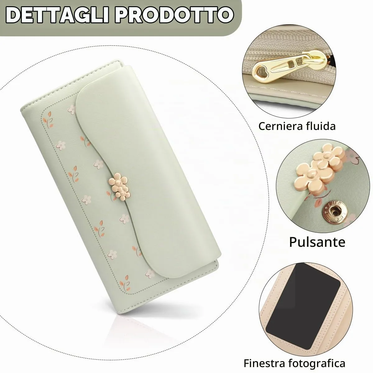 REETEE Portafoglio Donna in Pelle PU Formato Lungo con Cerniera e 10 Porta Carte (L-verde) - immagine 3