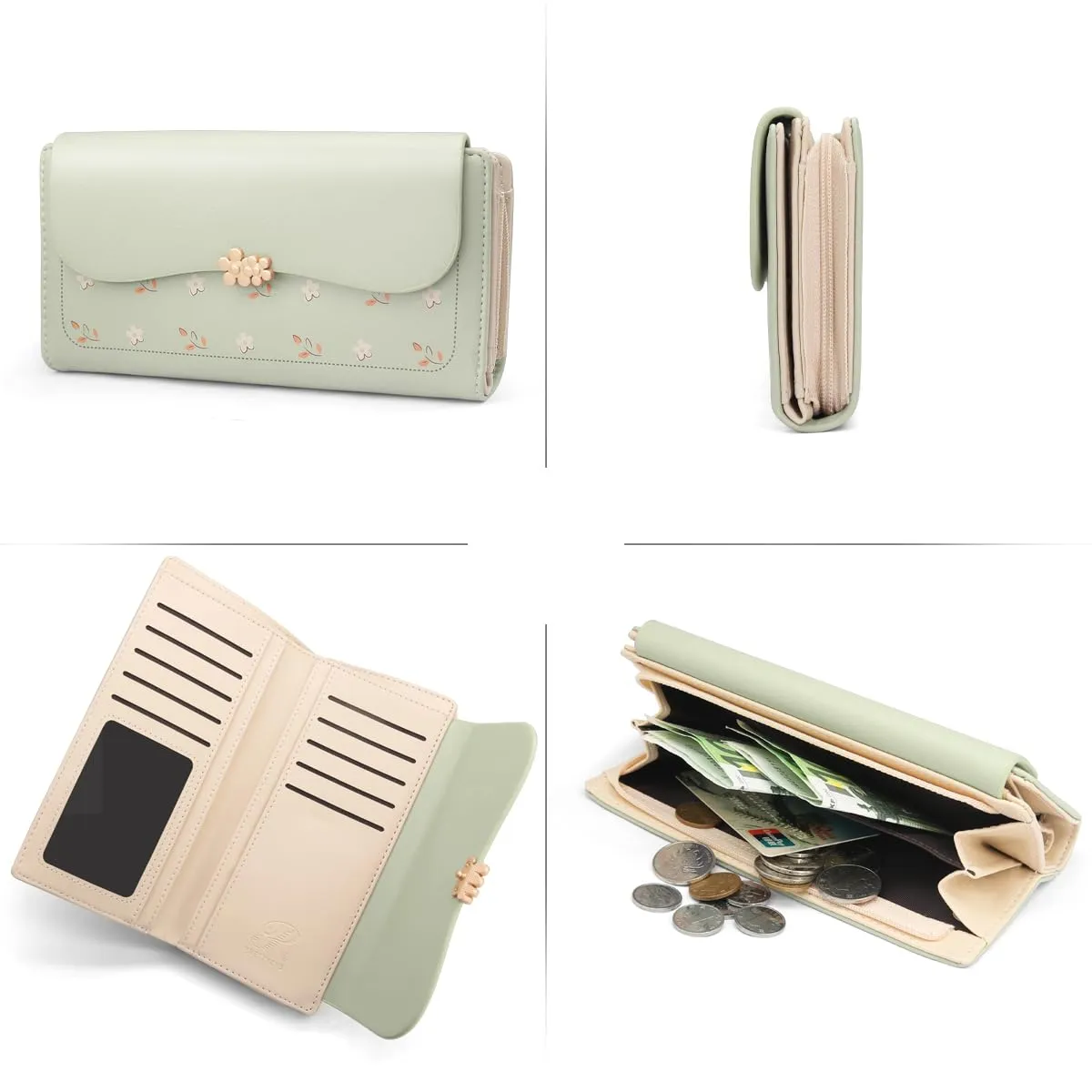 REETEE Portafoglio Donna in Pelle PU Formato Lungo con Cerniera e 10 Porta Carte (L-verde) - immagine 5