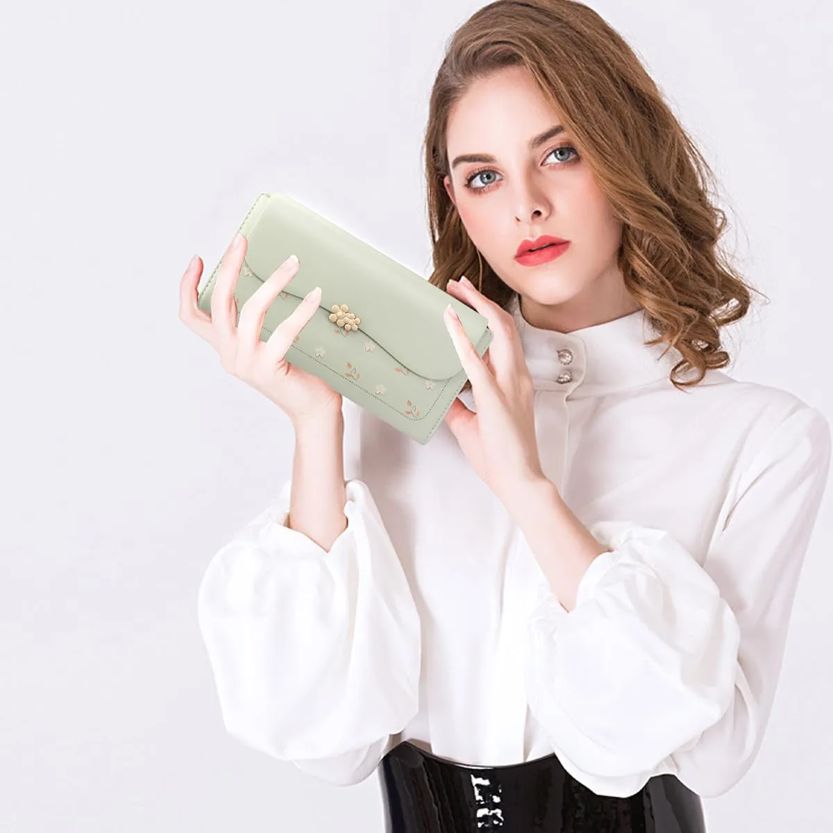 REETEE Portafoglio Donna in Pelle PU Formato Lungo con Cerniera e 10 Porta Carte (L-verde) - immagine 6