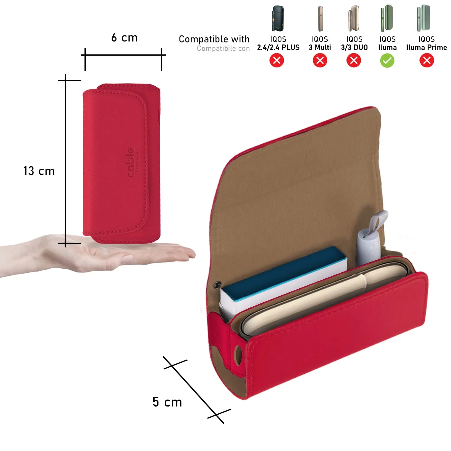 Cable Technologies Custodia in Eco-Pelle per IQOS ILUMA, Astuccio Organizer e Cover per Sigaretta Elettronica (Red) - immagine 4