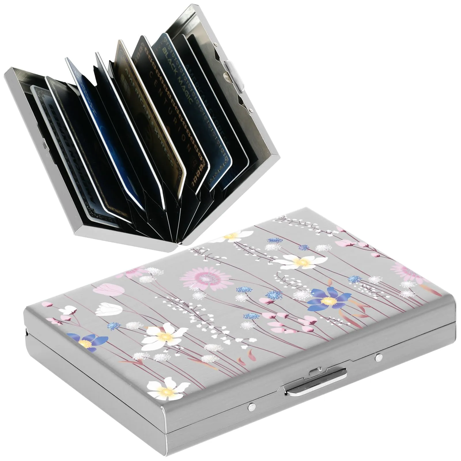 BONSYL Porta Carte di Credito in Acciaio Inossidabile con Blocco RFID, 8 Carte, Argento, Fiore - immagine 1