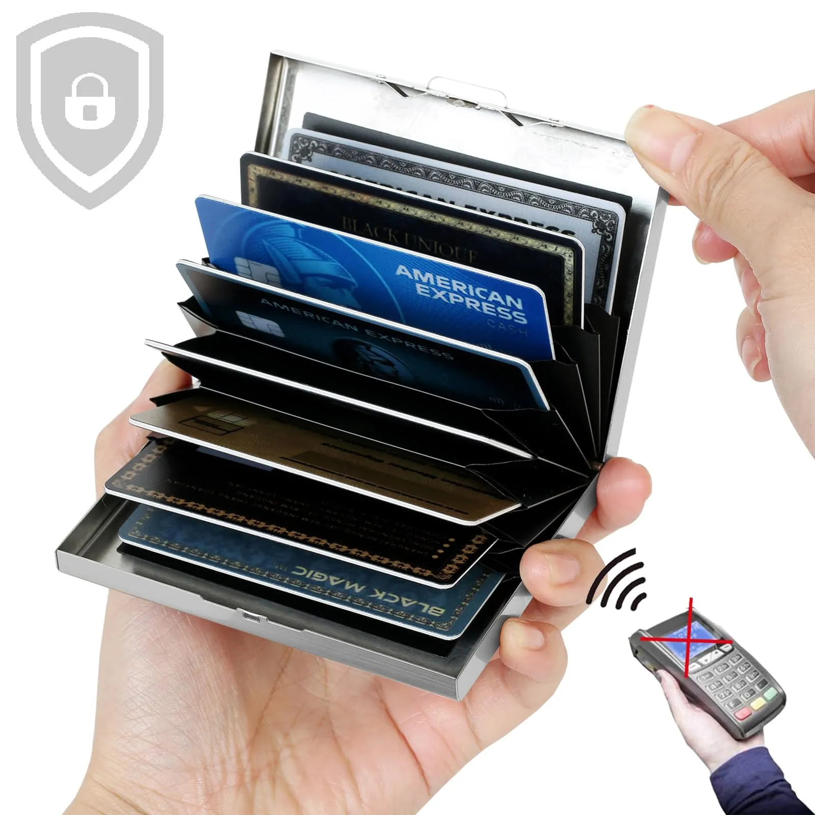 BONSYL Porta Carte di Credito in Acciaio Inossidabile con Blocco RFID, 8 Carte, Argento, Fiore - immagine 2