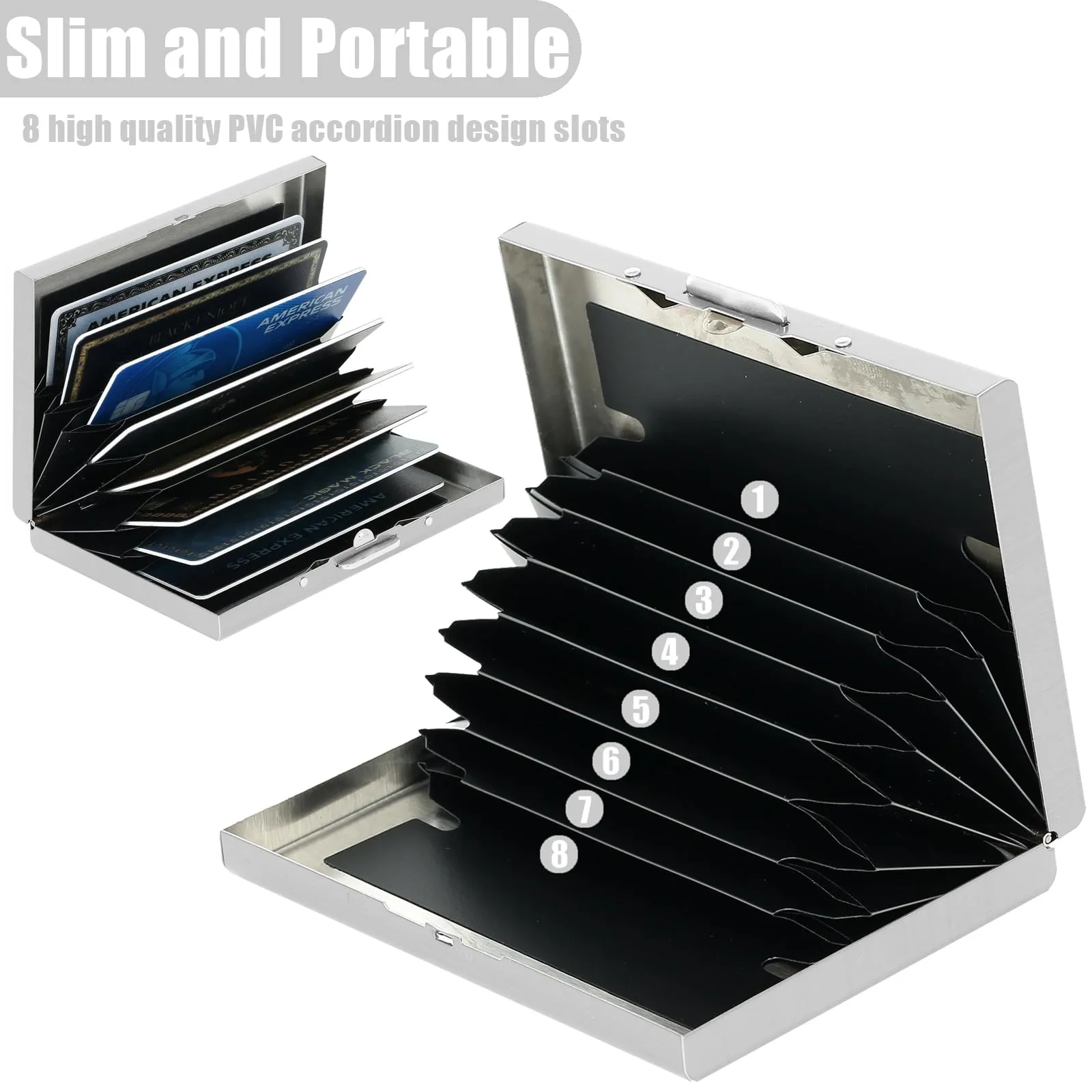 BONSYL Porta Carte di Credito in Acciaio Inossidabile con Blocco RFID, 8 Carte, Argento, Fiore - immagine 3