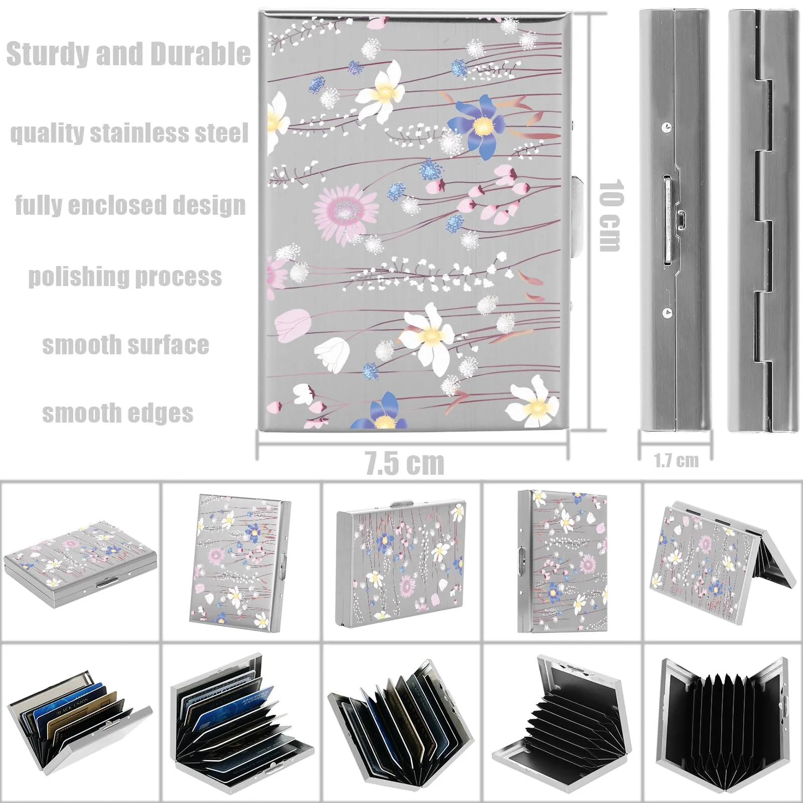 BONSYL Porta Carte di Credito in Acciaio Inossidabile con Blocco RFID, 8 Carte, Argento, Fiore - immagine 4