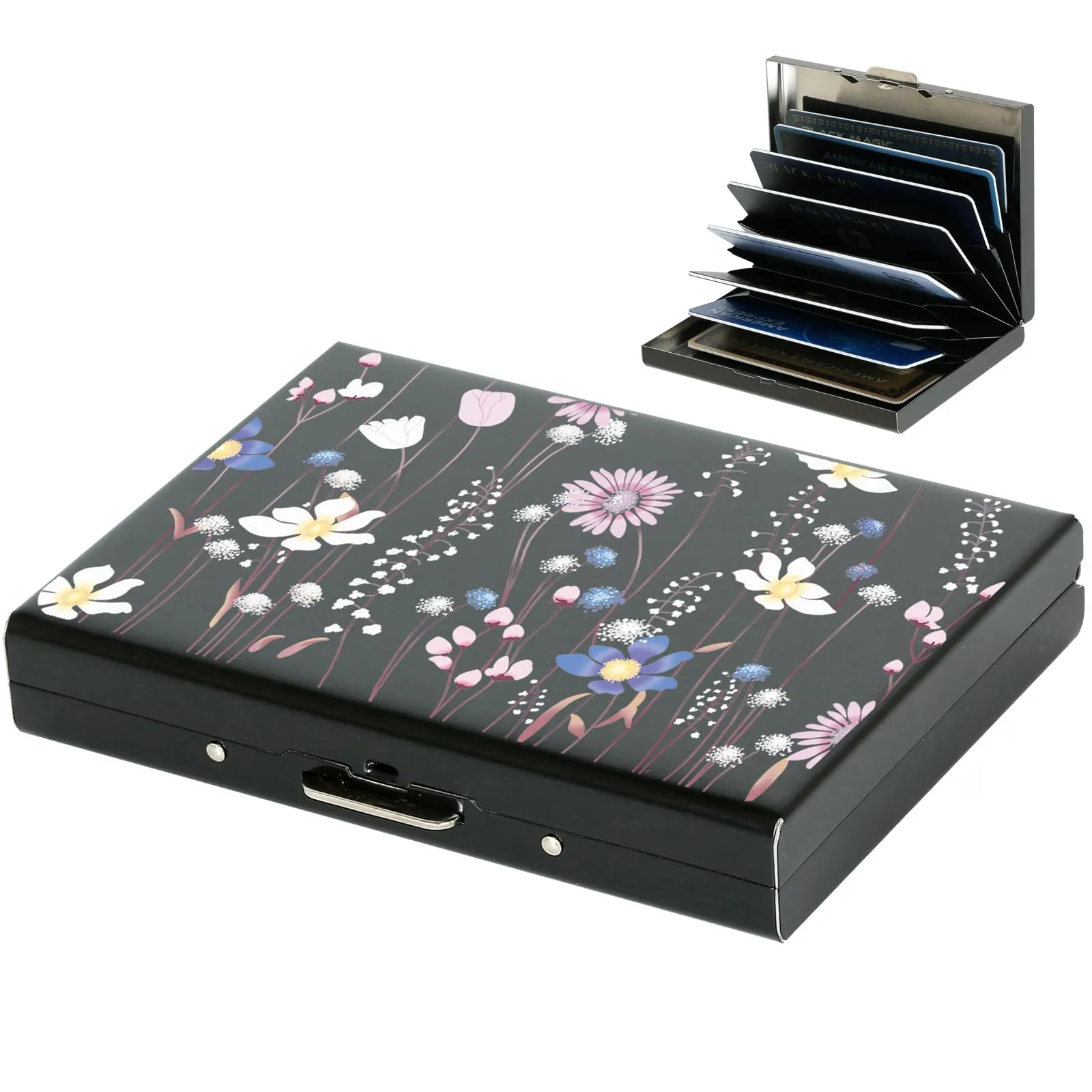 BONSYL Porta Carte di Credito in Acciaio Inossidabile con Blocco RFID, 8 Fessure, Nero Fiore - immagine 1