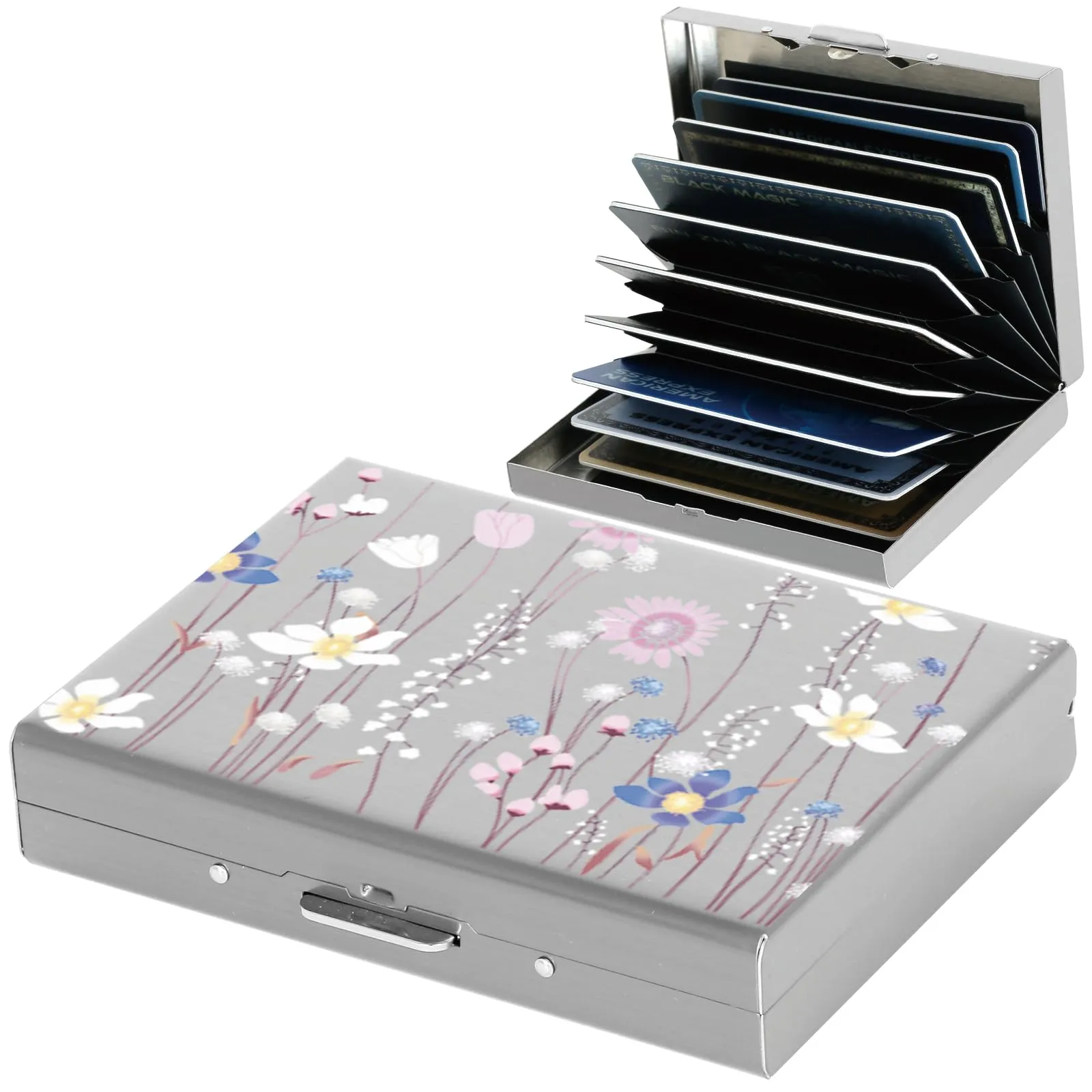 BONSYL Porta Carte di Credito in Acciaio Inossidabile con Blocco RFID, 10 Carte, Argento, Fiore - immagine 1