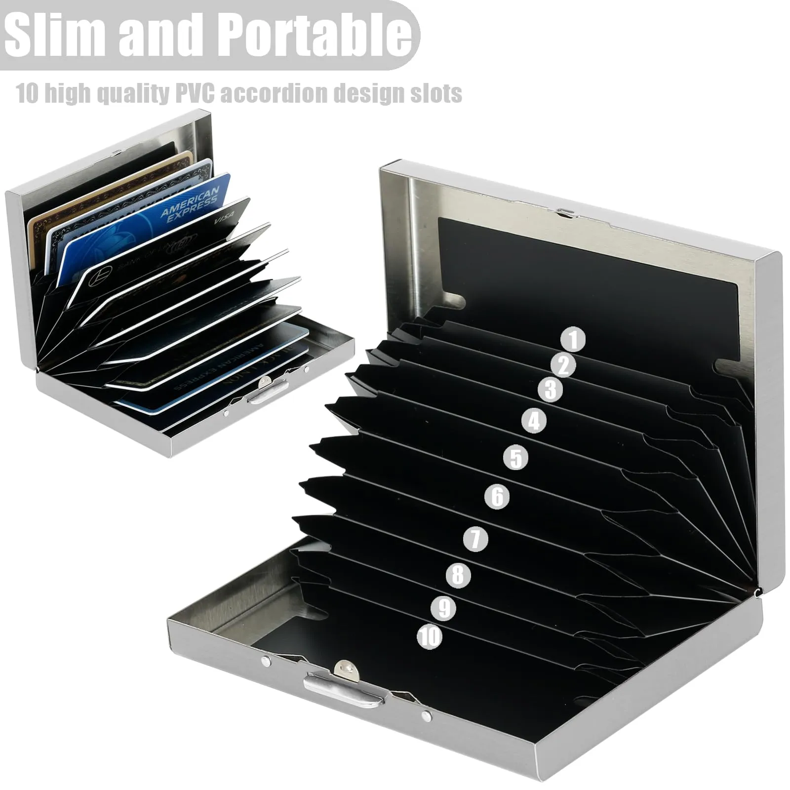 BONSYL Porta Carte di Credito in Acciaio Inossidabile con Blocco RFID, 10 Carte, Argento, Fiore - immagine 3