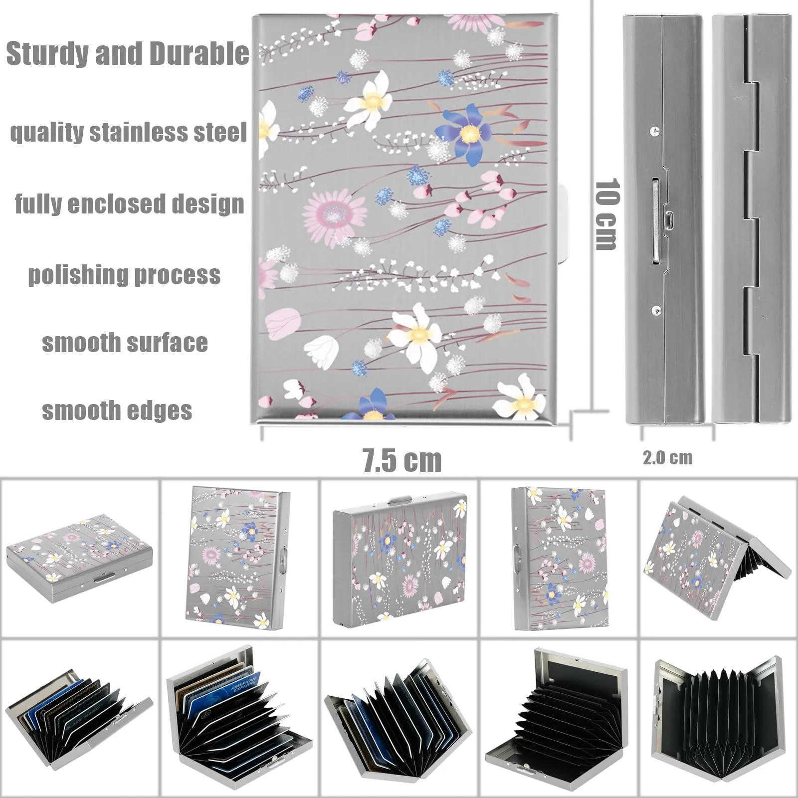 BONSYL Porta Carte di Credito in Acciaio Inossidabile con Blocco RFID, 10 Carte, Argento, Fiore - immagine 4