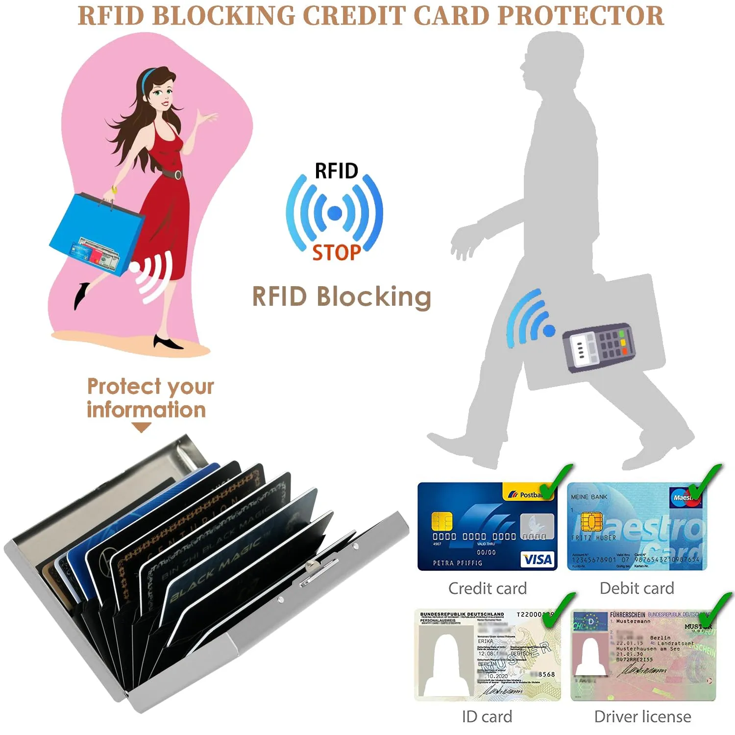 BONSYL Porta Carte di Credito in Acciaio Inossidabile con Blocco RFID, 10 Carte, Argento, Fiore - immagine 5