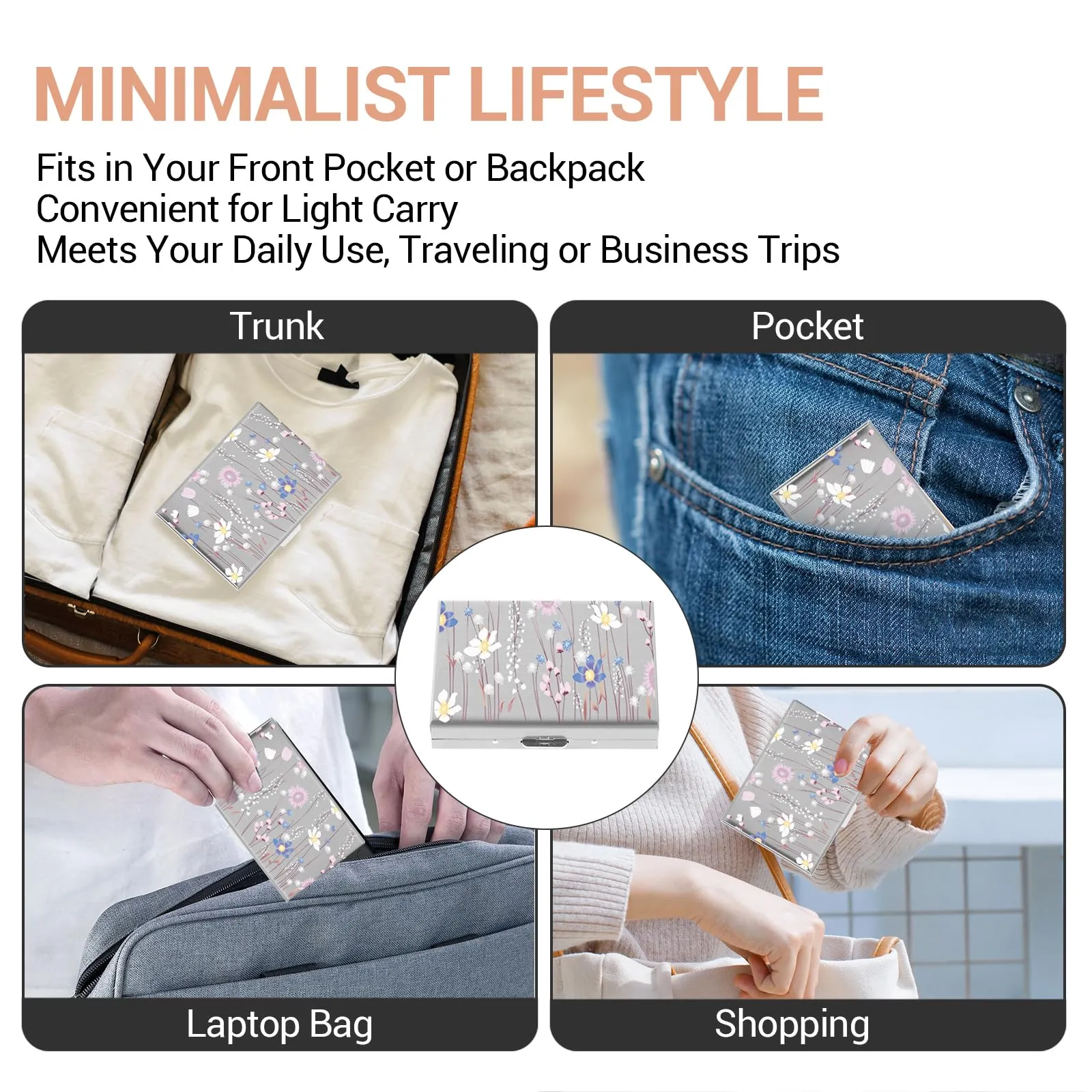 BONSYL Porta Carte di Credito in Acciaio Inossidabile con Blocco RFID, 10 Carte, Argento, Fiore - immagine 7