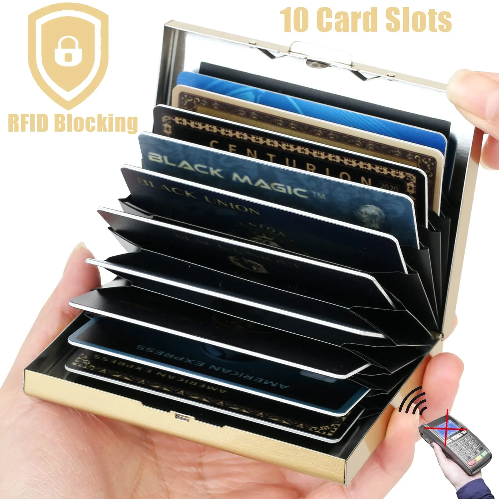 BONSYL Porta Carte di Credito in Acciaio Inossidabile con Blocco RFID, 10 Slot, Oro Fiore - immagine 2
