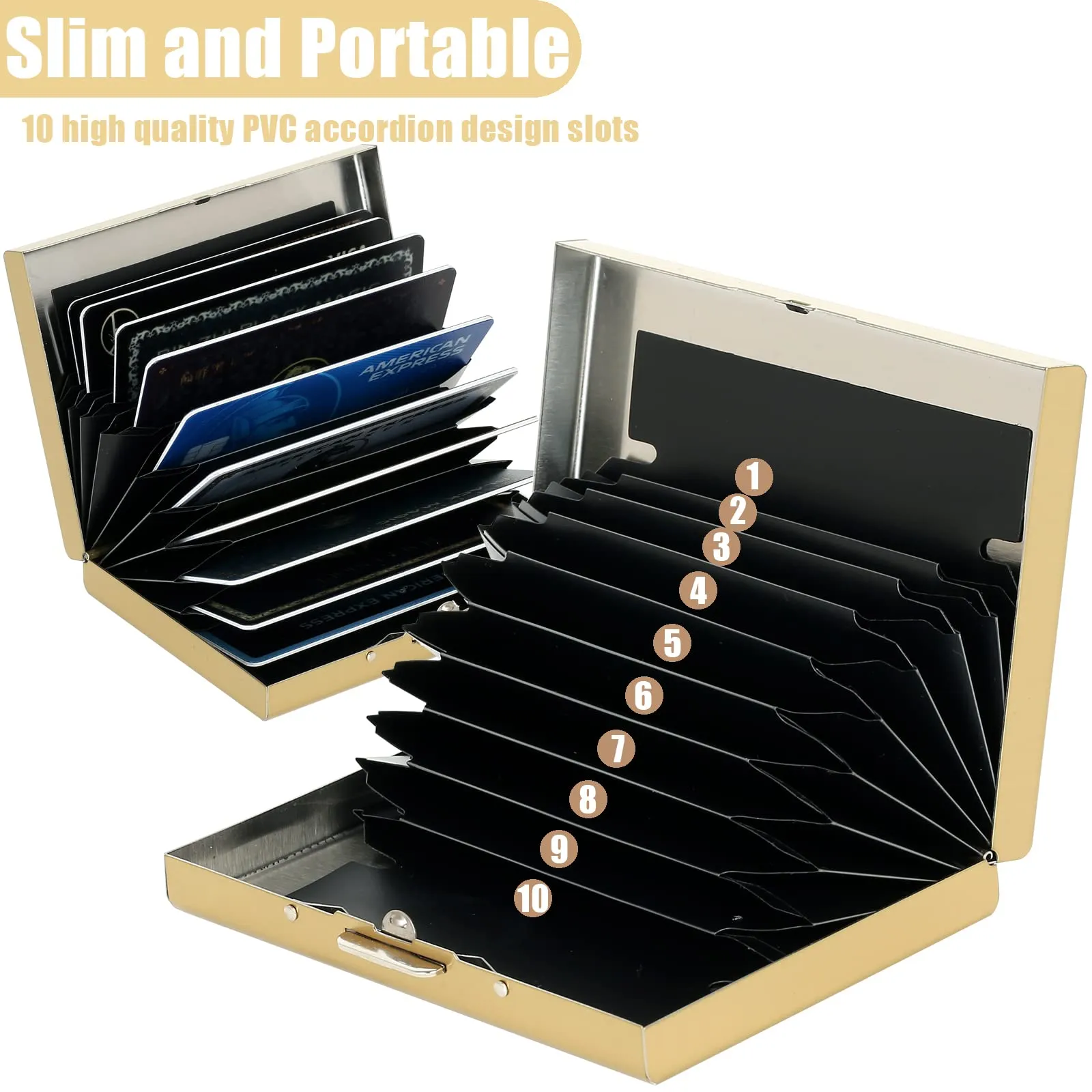 BONSYL Porta Carte di Credito in Acciaio Inossidabile con Blocco RFID, 10 Slot, Oro Fiore - immagine 3