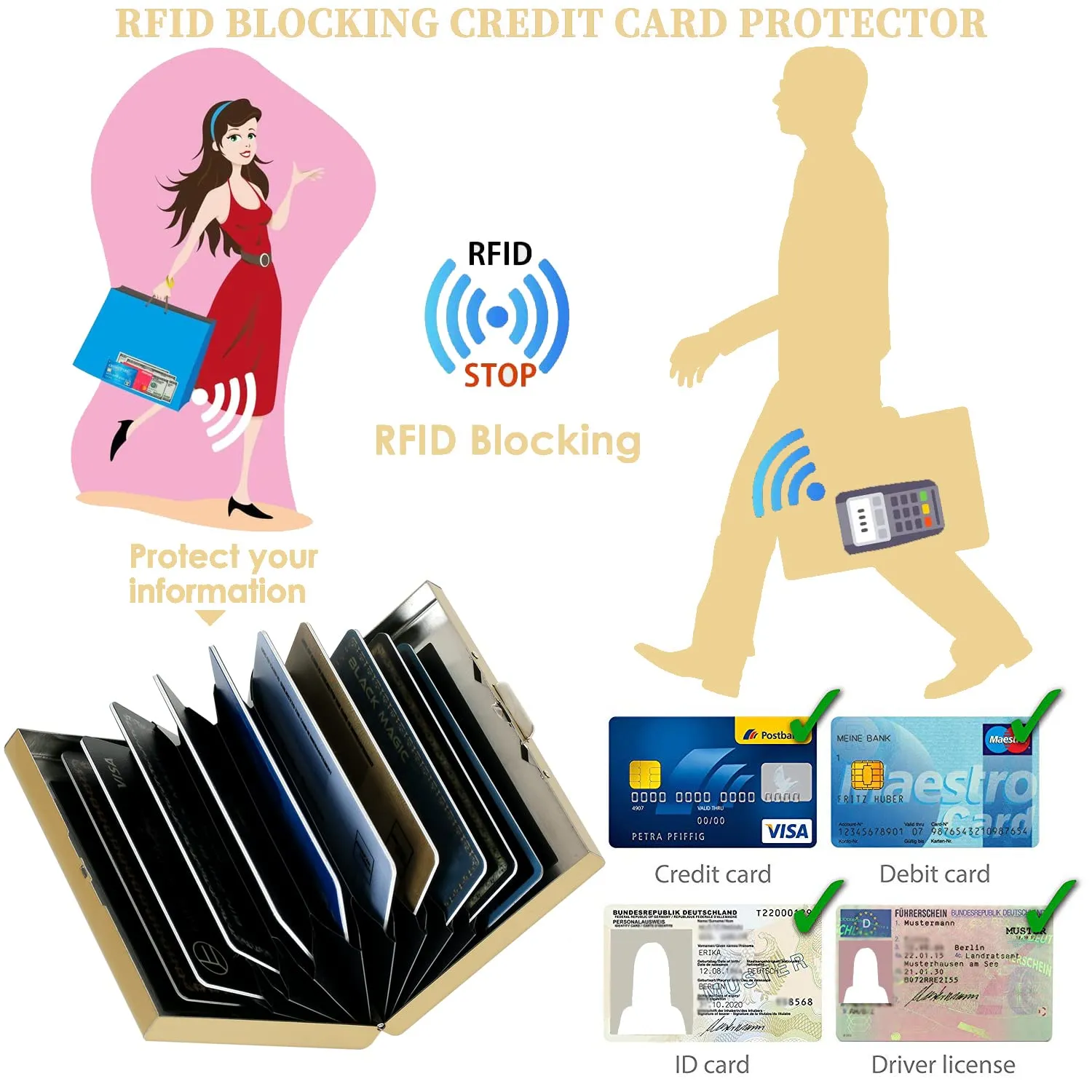 BONSYL Porta Carte di Credito in Acciaio Inossidabile con Blocco RFID, 10 Slot, Oro Fiore - immagine 5