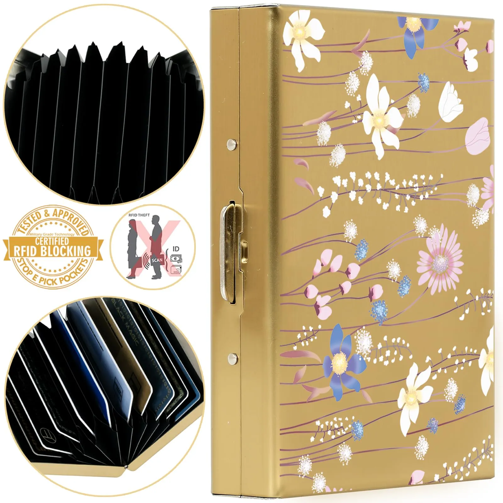 BONSYL Porta Carte di Credito in Acciaio Inossidabile con Blocco RFID, 10 Slot, Oro Fiore - immagine 6