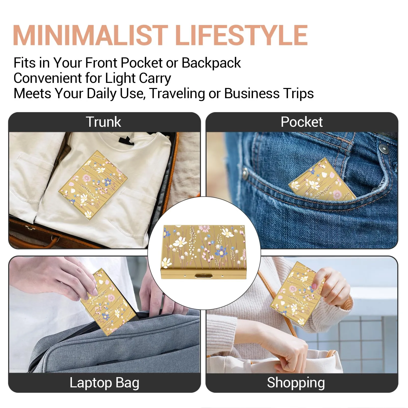 BONSYL Porta Carte di Credito in Acciaio Inossidabile con Blocco RFID, 10 Slot, Oro Fiore - immagine 7