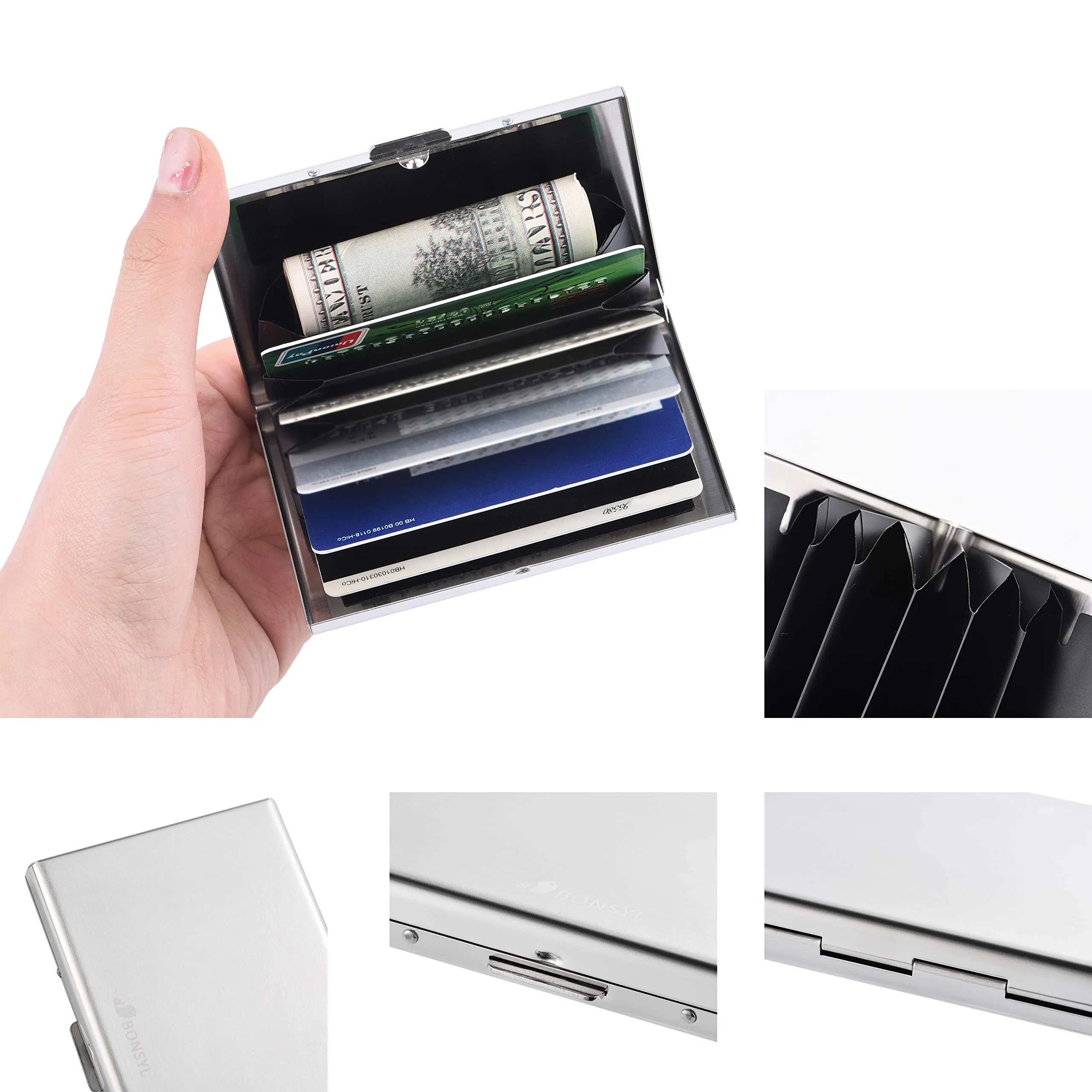 BONSYL Porta Carte di Credito in Acciaio Inossidabile con Blocco RFID, 6 Carte, Argento - immagine 3