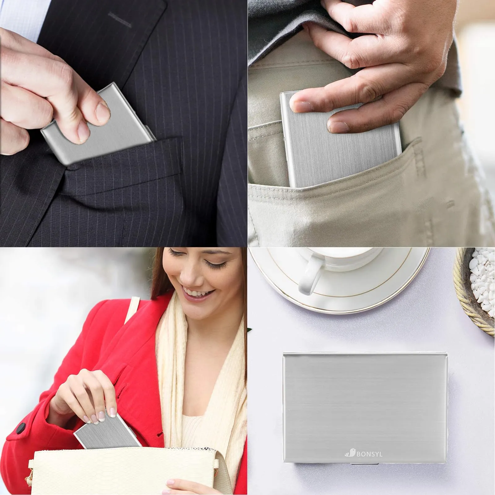 BONSYL Porta Carte di Credito in Acciaio Inossidabile con Blocco RFID, 6 Carte, Argento - immagine 6