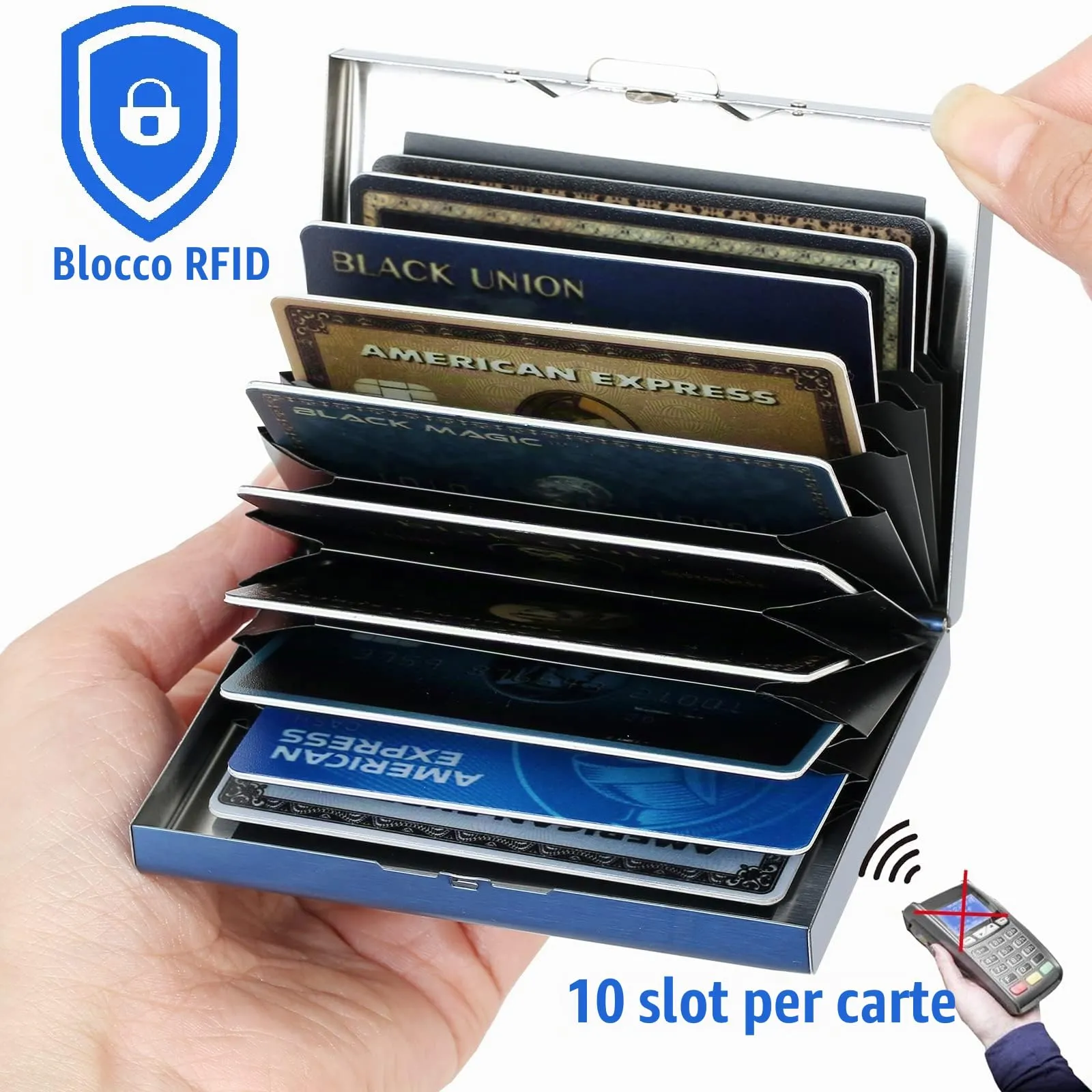 BONSYL Porta Carte di Credito in Acciaio Inossidabile con Blocco RFID, 10 Carte, Blu - immagine 2