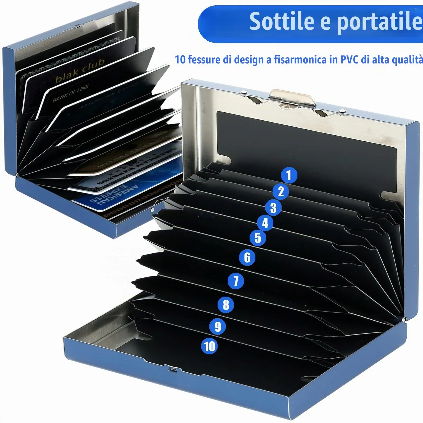 BONSYL Porta Carte di Credito in Acciaio Inossidabile con Blocco RFID, 10 Carte, Blu - immagine 3