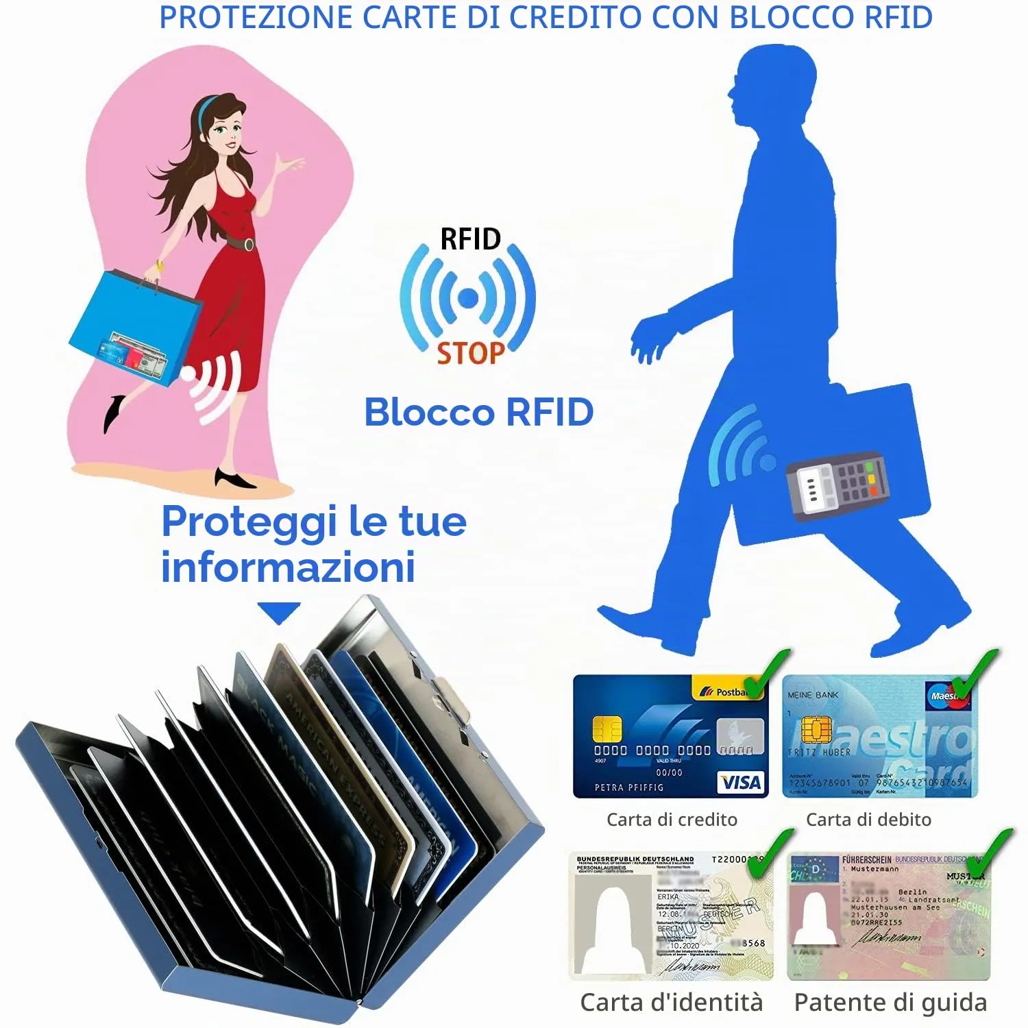 BONSYL Porta Carte di Credito in Acciaio Inossidabile con Blocco RFID, 10 Carte, Blu - immagine 5
