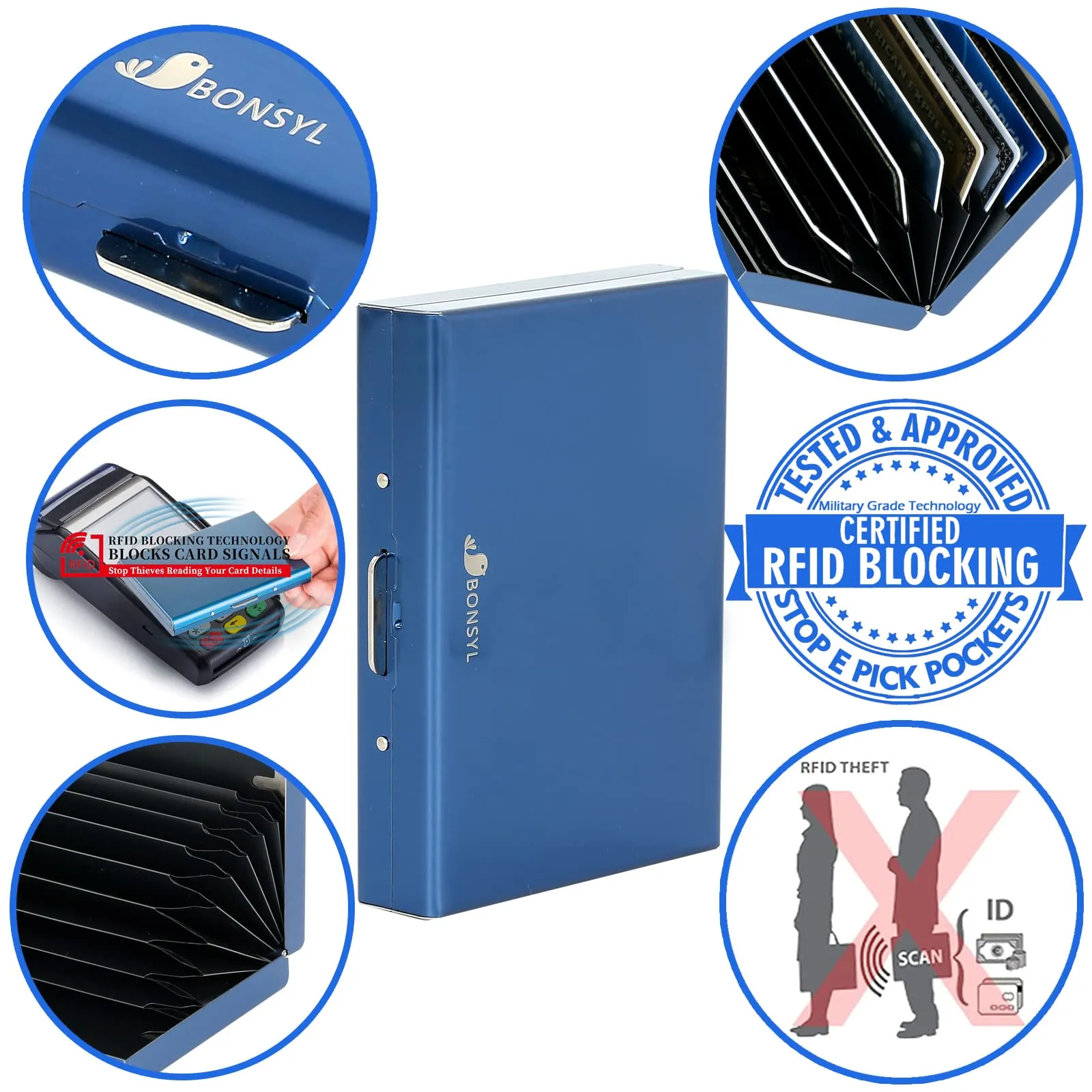 BONSYL Porta Carte di Credito in Acciaio Inossidabile con Blocco RFID, 10 Carte, Blu - immagine 6