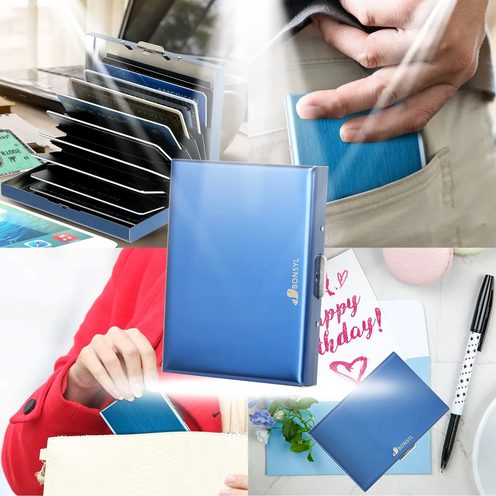 BONSYL Porta Carte di Credito in Acciaio Inossidabile con Blocco RFID, 10 Carte, Blu - immagine 7