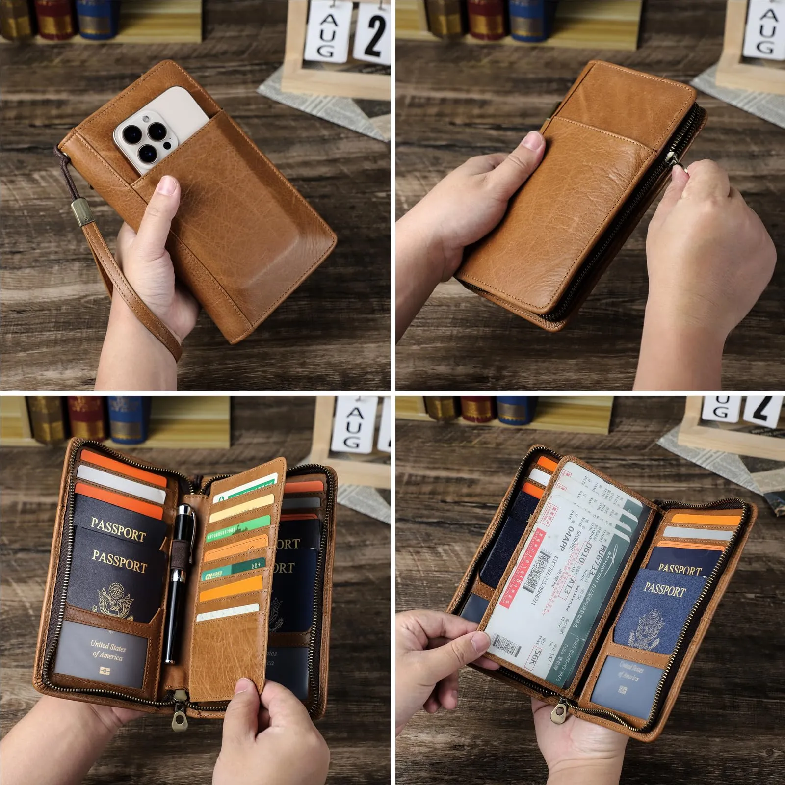 CONTACTS Pochette da viaggio in vera pelle per uomo con blocco RFID, marrone - immagine 2