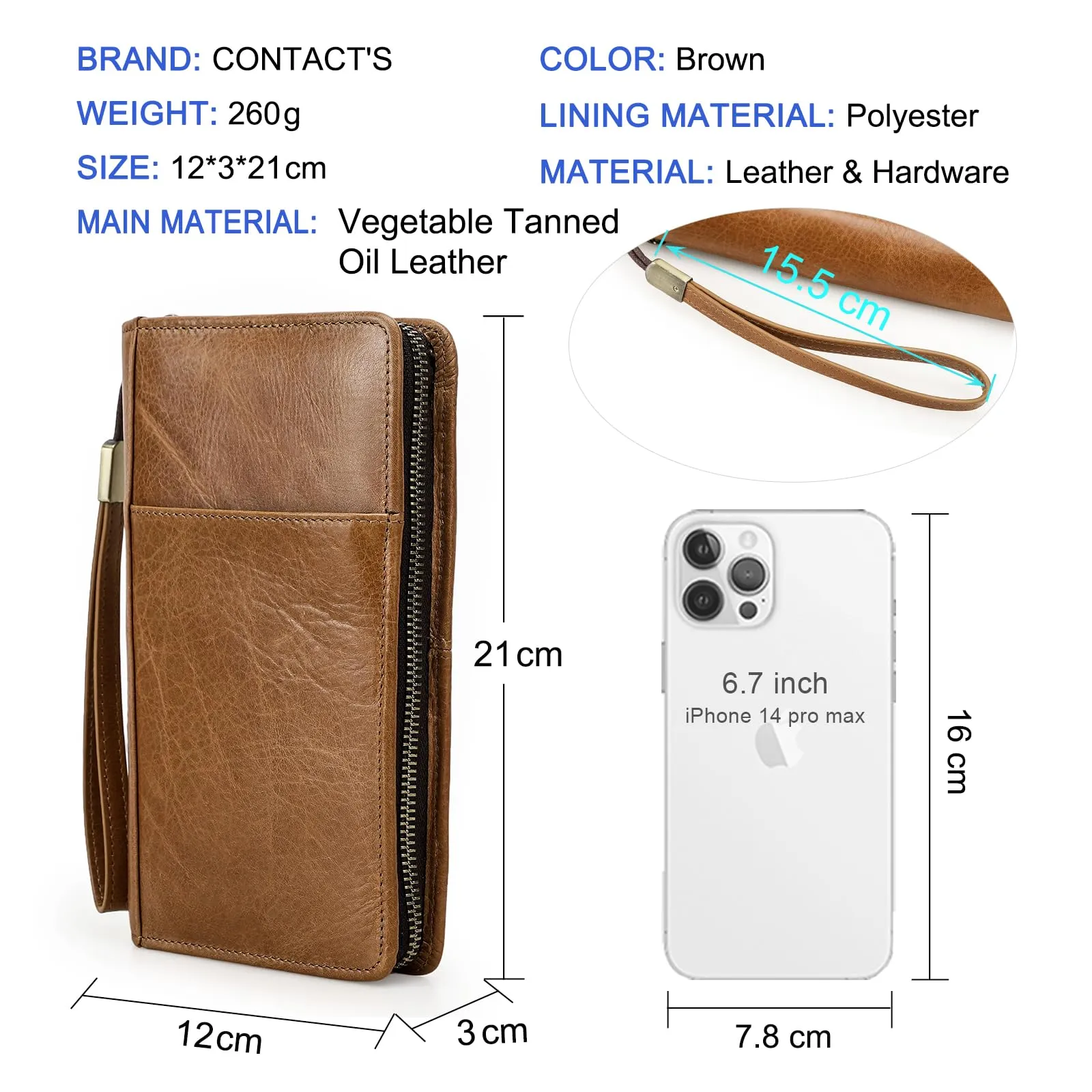 CONTACTS Pochette da viaggio in vera pelle per uomo con blocco RFID, marrone - immagine 3