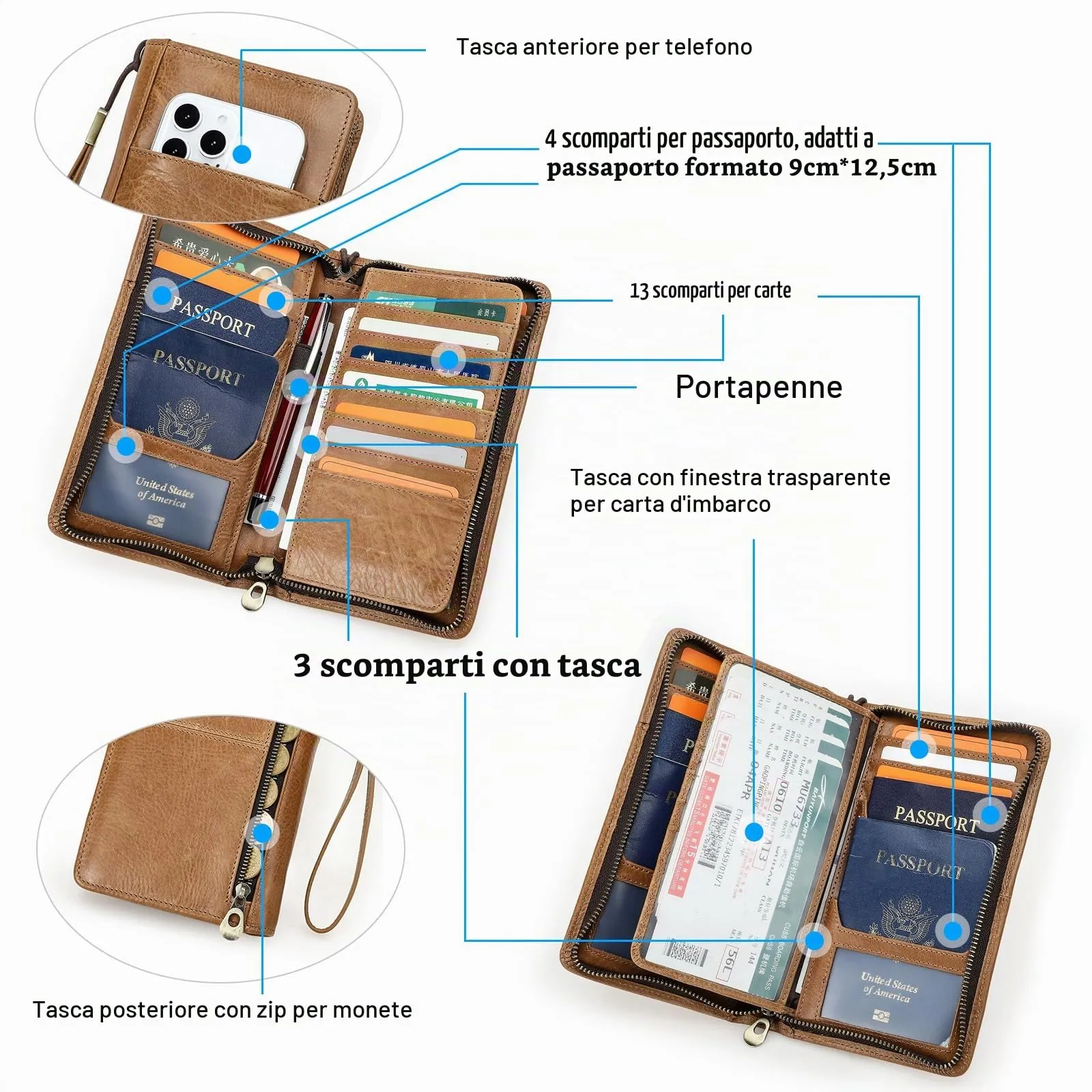 CONTACTS Pochette da viaggio in vera pelle per uomo con blocco RFID, marrone - immagine 4