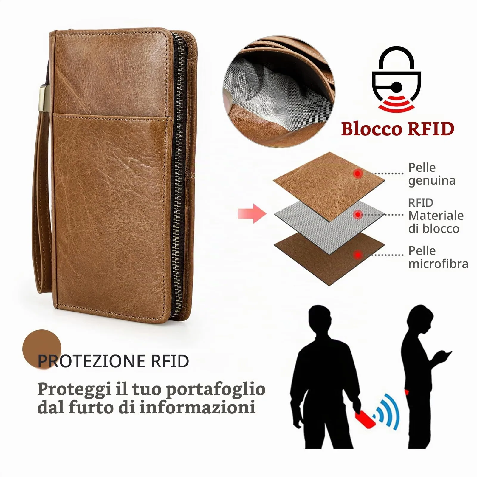 CONTACTS Pochette da viaggio in vera pelle per uomo con blocco RFID, marrone - immagine 6