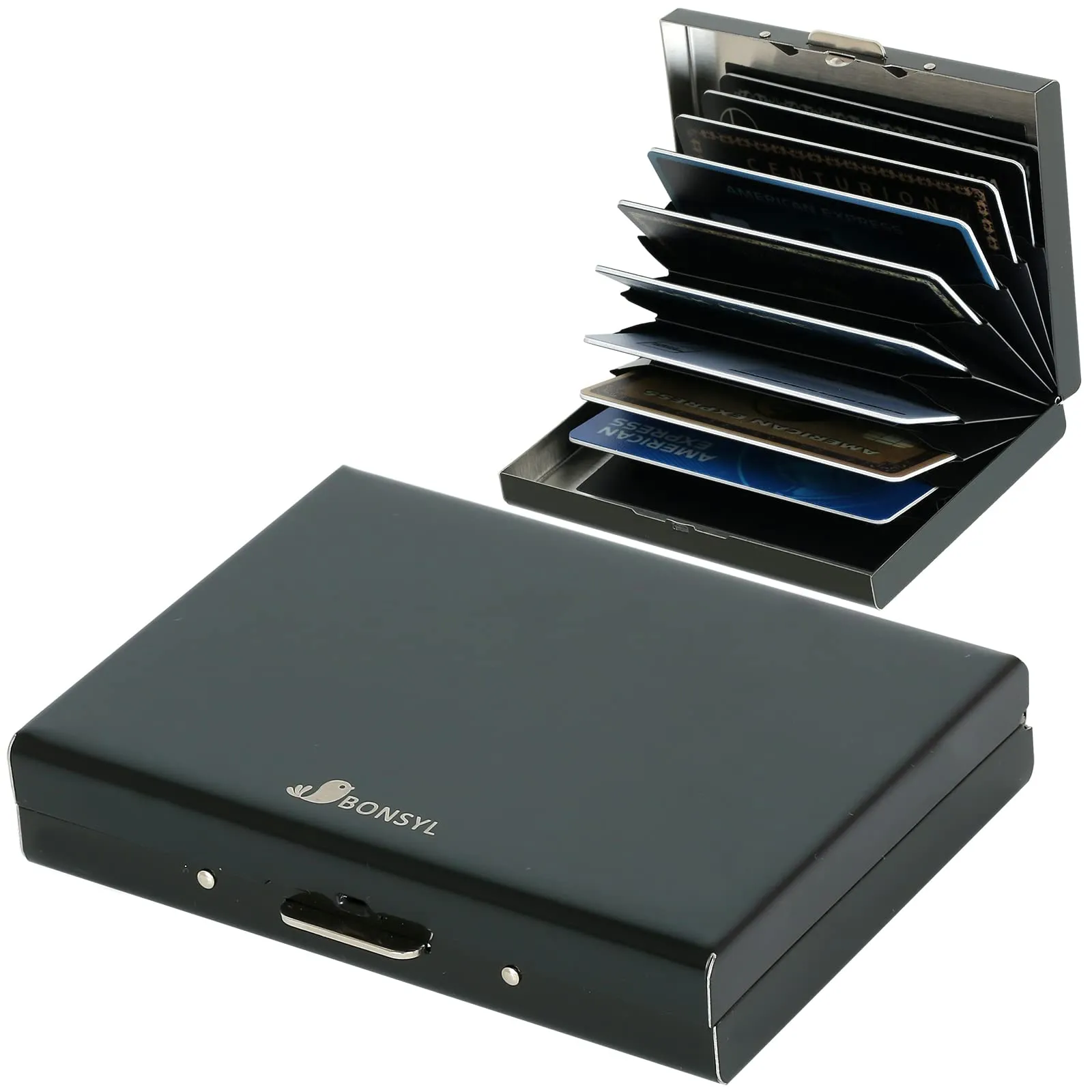 BONSYL Porta Carte di Credito in Acciaio Inossidabile con Blocco RFID, Sottile per 10 Carte, Nero - immagine 1