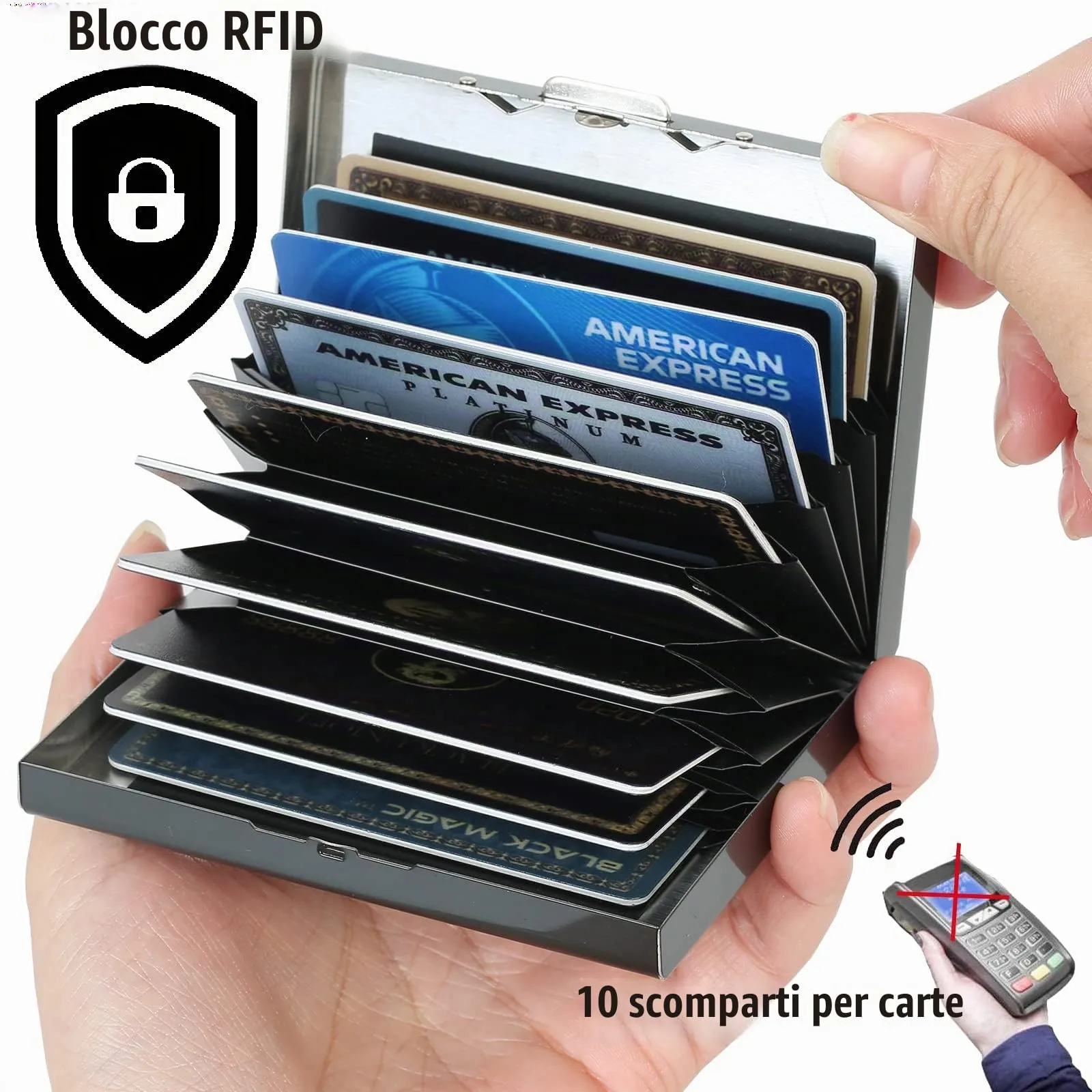 BONSYL Porta Carte di Credito in Acciaio Inossidabile con Blocco RFID, Sottile per 10 Carte, Nero - immagine 2