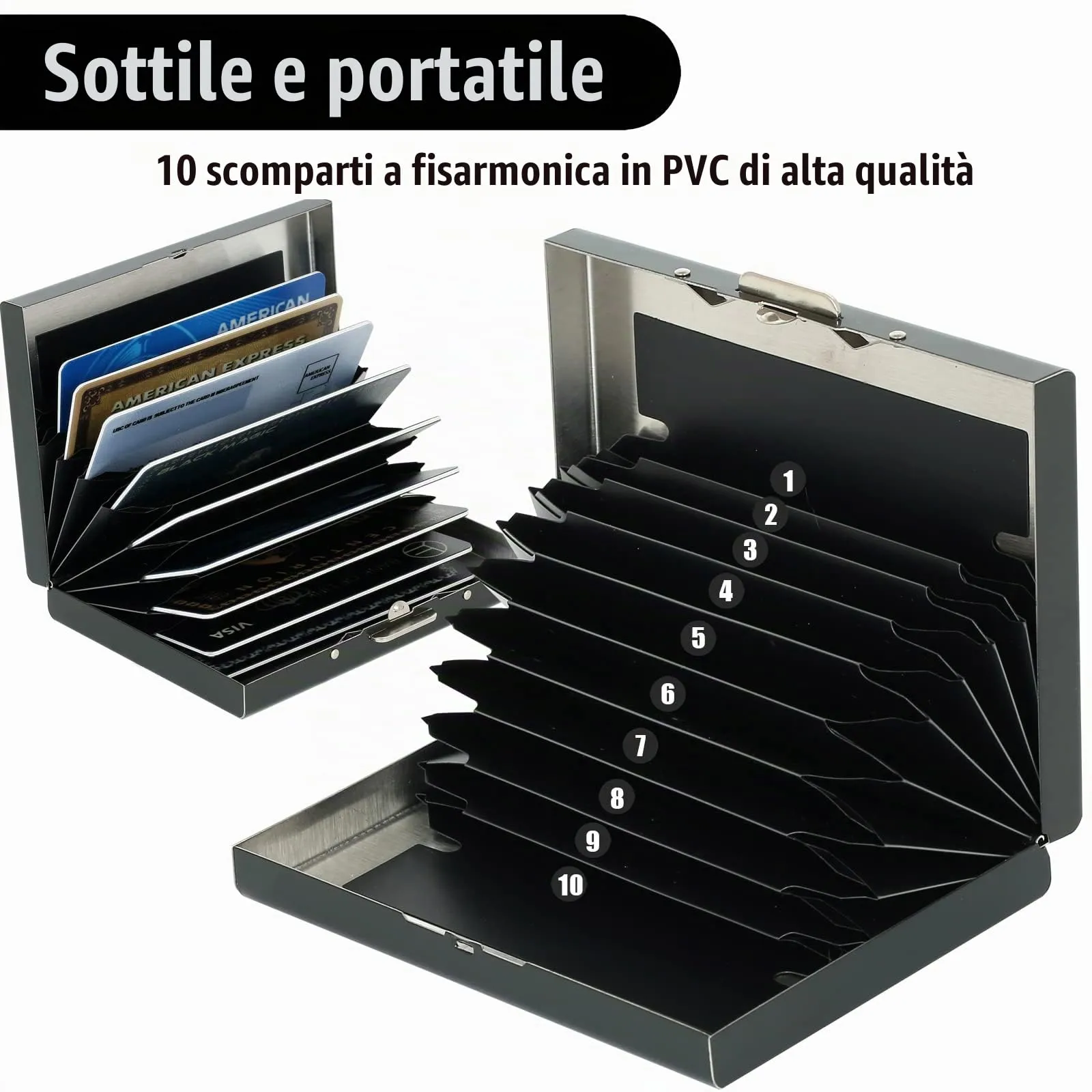 BONSYL Porta Carte di Credito in Acciaio Inossidabile con Blocco RFID, Sottile per 10 Carte, Nero - immagine 3