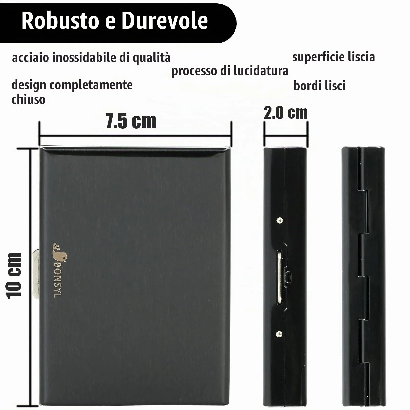 BONSYL Porta Carte di Credito in Acciaio Inossidabile con Blocco RFID, Sottile per 10 Carte, Nero - immagine 4