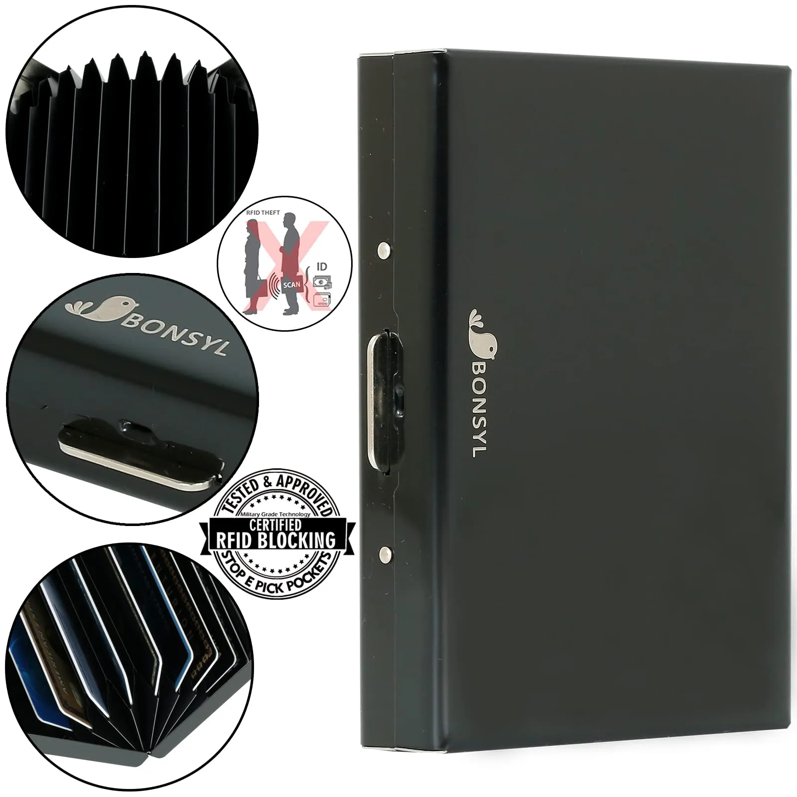 BONSYL Porta Carte di Credito in Acciaio Inossidabile con Blocco RFID, Sottile per 10 Carte, Nero - immagine 6
