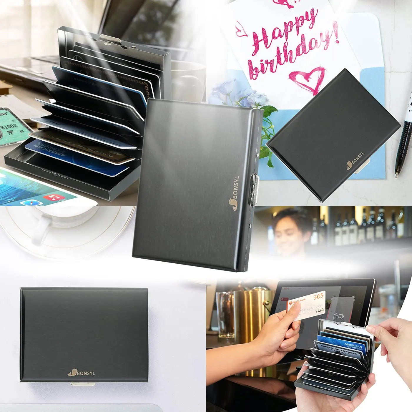 BONSYL Porta Carte di Credito in Acciaio Inossidabile con Blocco RFID, Sottile per 10 Carte, Nero - immagine 7