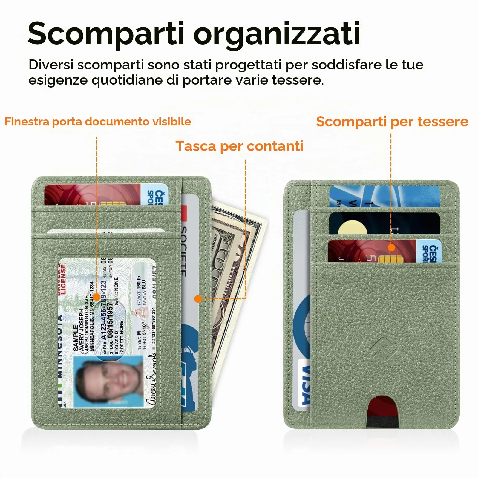FINTIE Portafoglio Sottile con Tasca Frontale, Pelle Sintetica, RFID, Salvia Verde - immagine 3